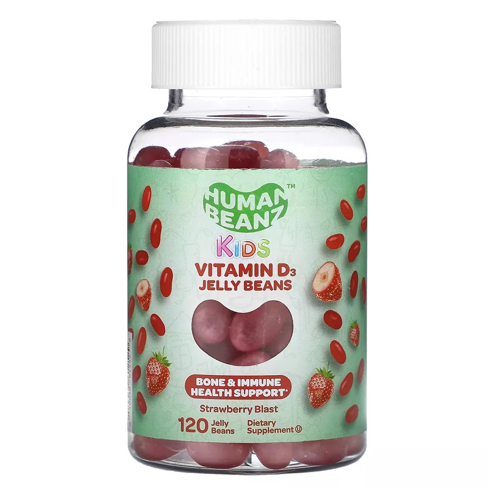 Practical Human Beanz Kids Vitamin D3 Jelly Beans Strawberry Blast for Bone and Immune Health Support 120Ea Flexible