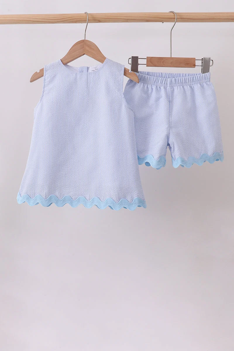 Dependable Blue Seersucker Stripe Scalloped Shorts Set Comfortable