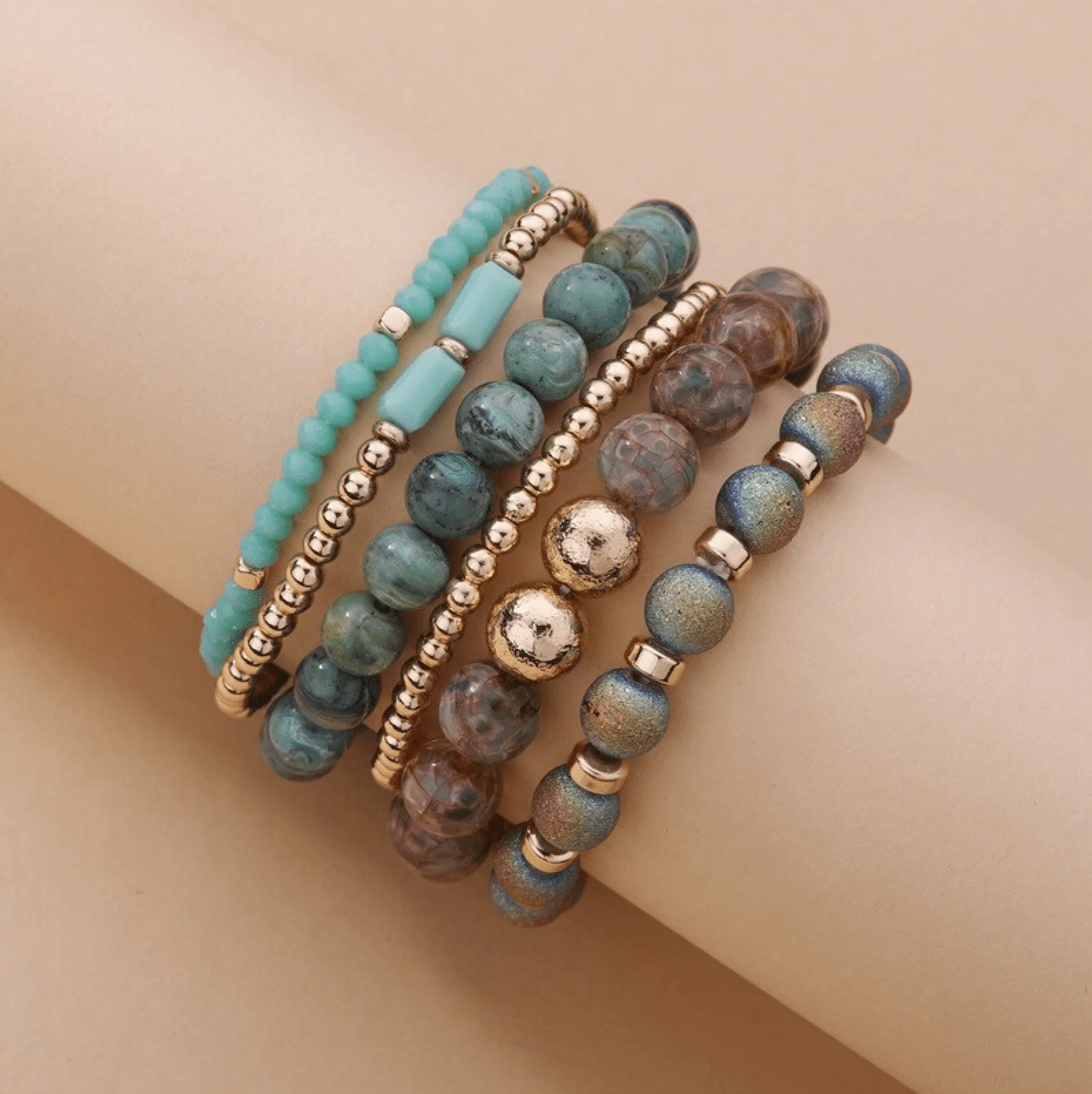 Authentic Goldtone Green Grey Beaded Agate and Druzy Gemstone Bracelet Set Fine Crafted