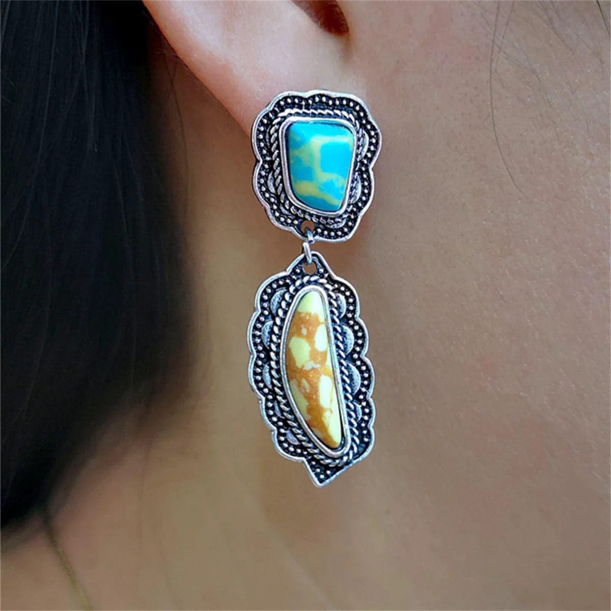 World-Class Turquoise Silvertone Geometric Drop Earrings Innovative