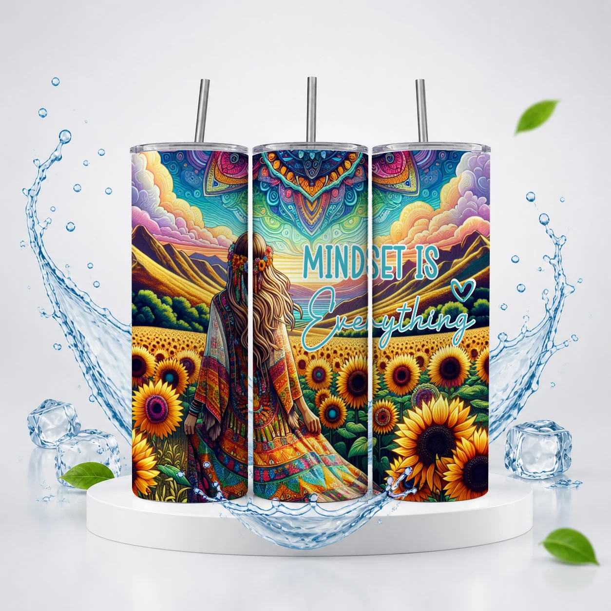 Soft Mindset Is Everything 20oz Skinny Tumbler – Boho Sunflower Mandala Motivational Drinkware Comfortable