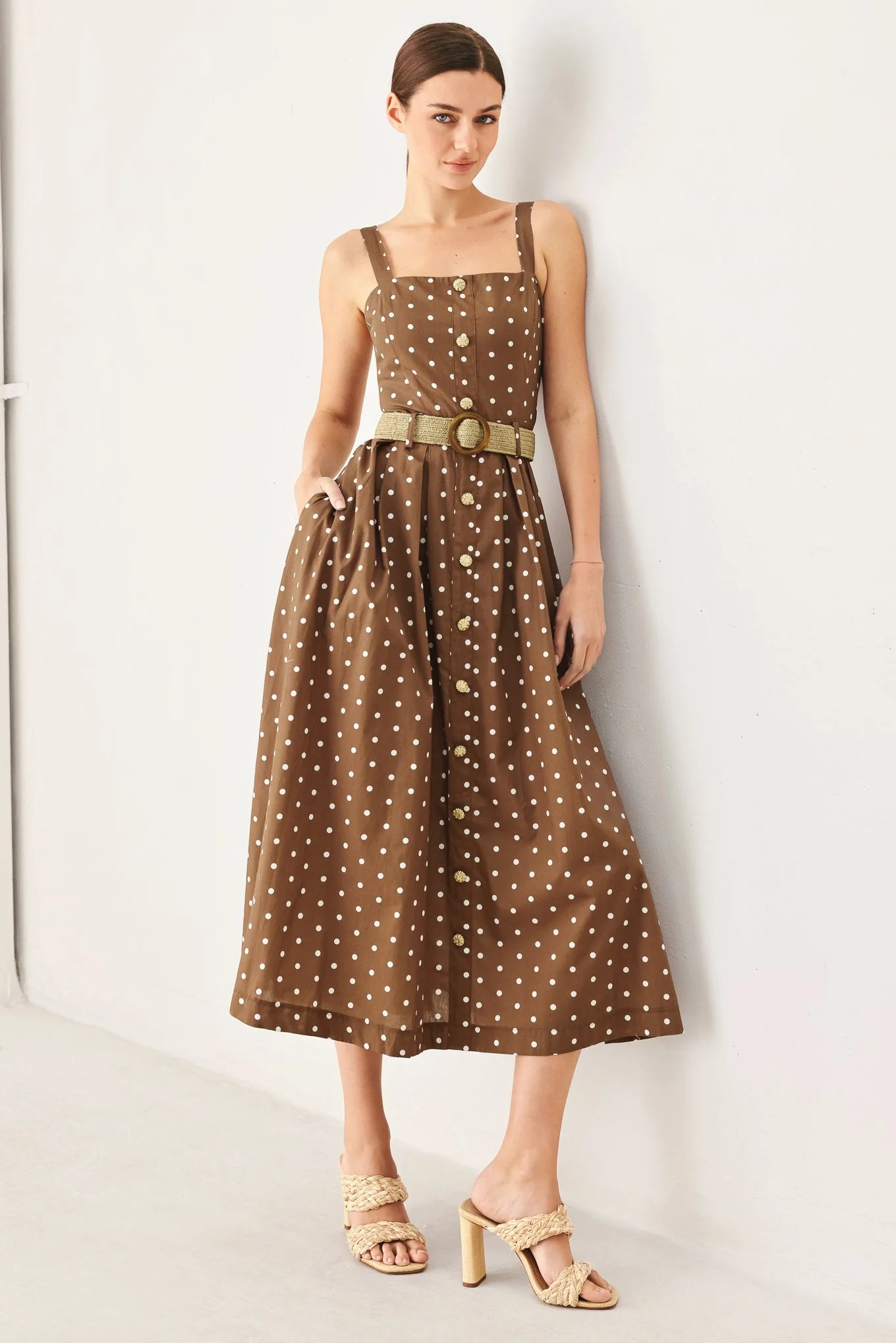 Eco-Friendly Parisian Dot Woven Midi Dress High-Grade