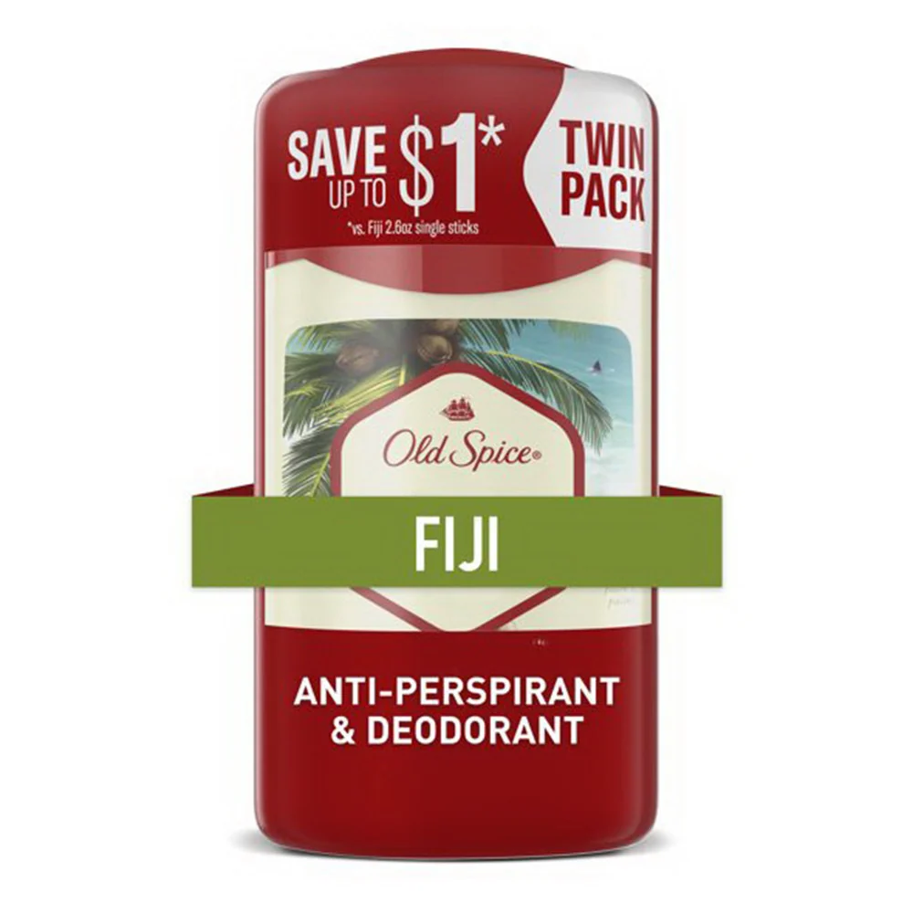 Sustainable Old Spice Invisible Solid Antiperspirant and Deodorant for Men Fiji with Palm Tree Twin pack 2 X 2.6 Oz Premium Material