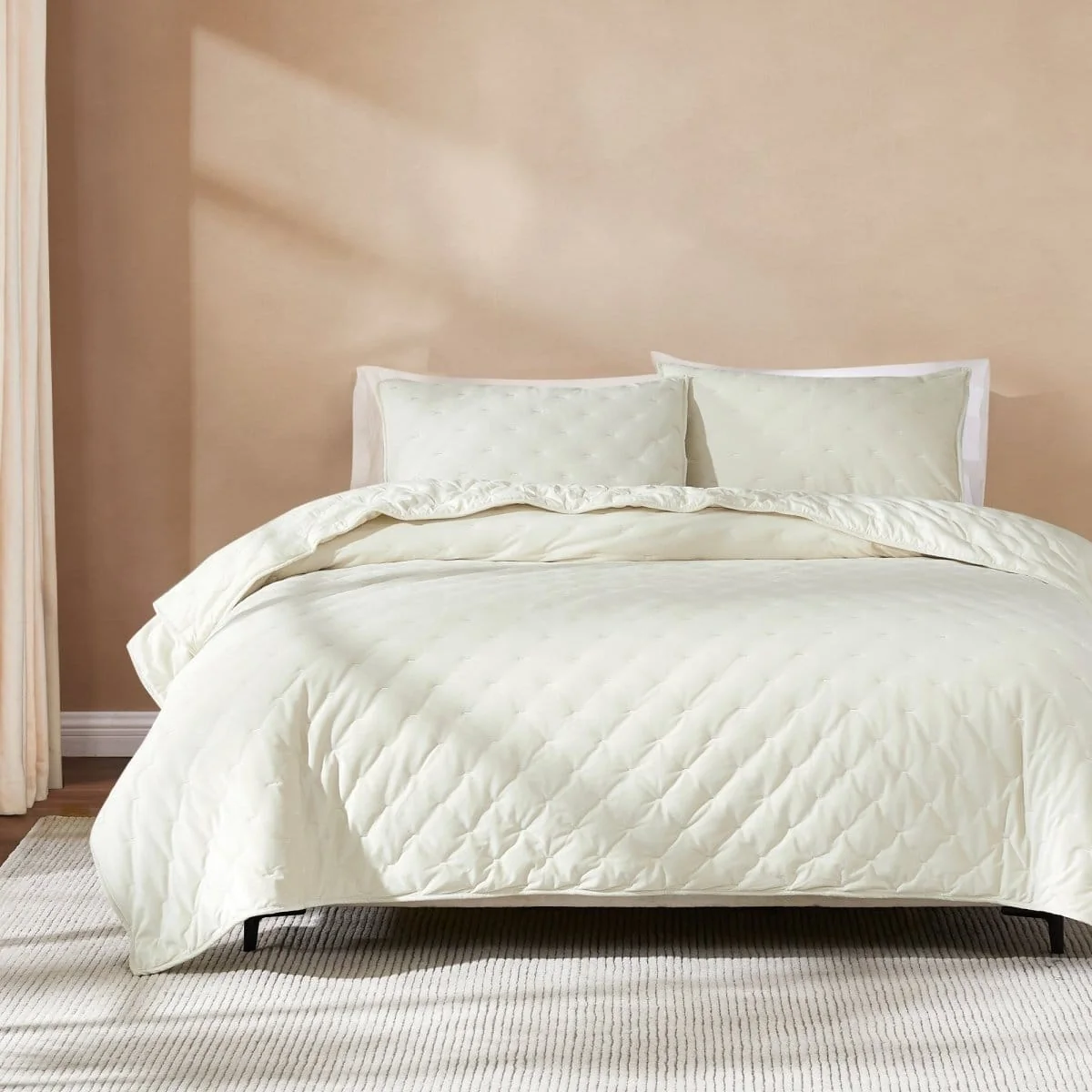 Trendy Haven Velvet Embroidered Stitch Cozy Super Soft Quilt 3 Piece Set Comfortable