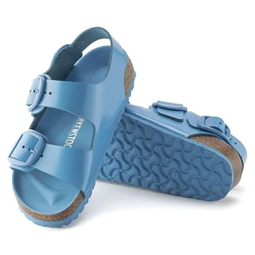 Exceptional Birkenstock Unisex Milano Big Buckle Natural Leather Patent High Shine Sky Blue Recyclable
