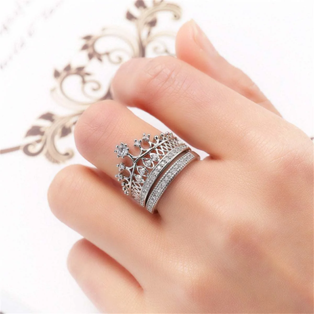 Versatile Cubic Zirconia Silvertone Crown Ring Set Durable