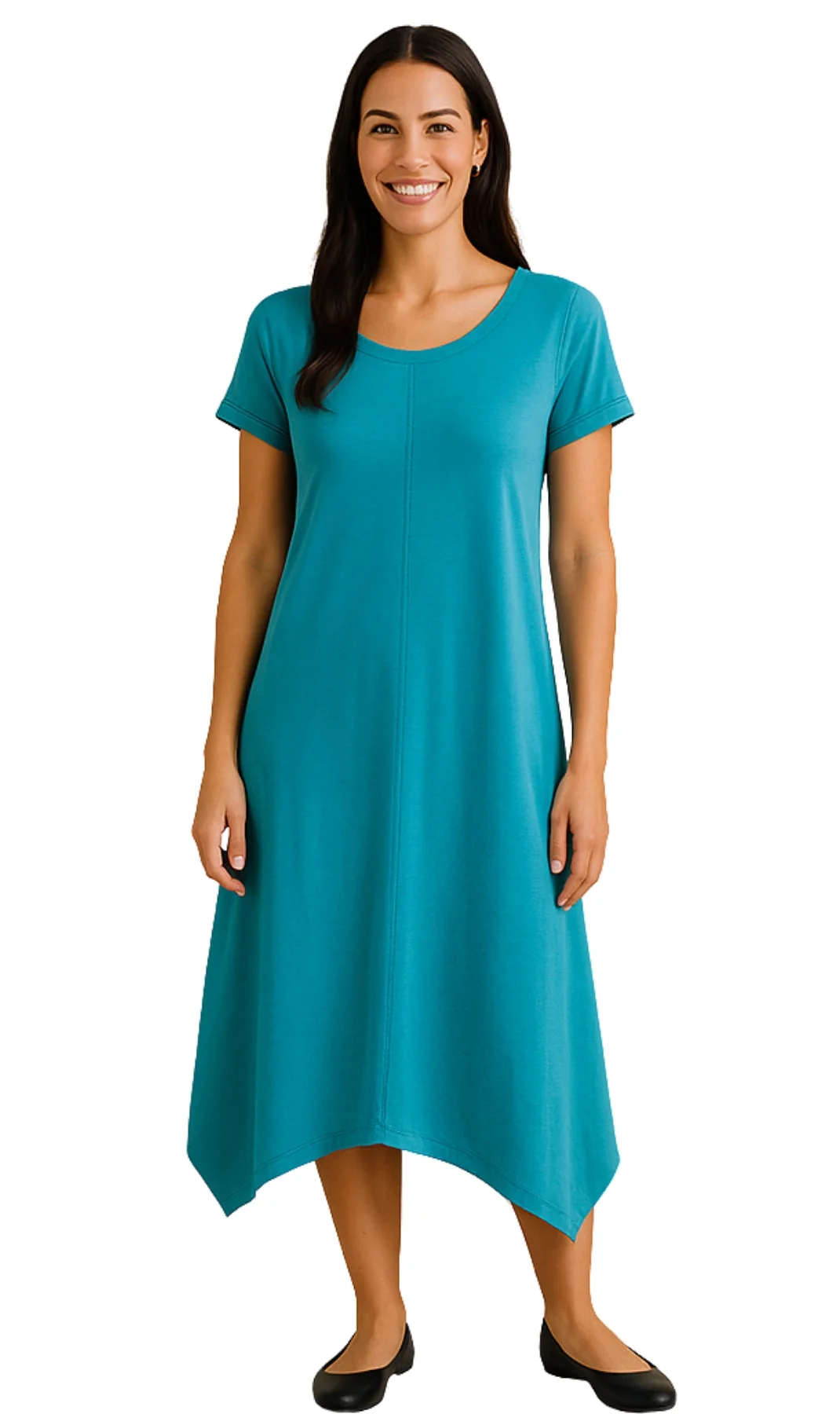 Authentic Women's Knit Wide Scoop Neck Short Sleeve Dress in A-line Aymmetrical Hem Next-Generation