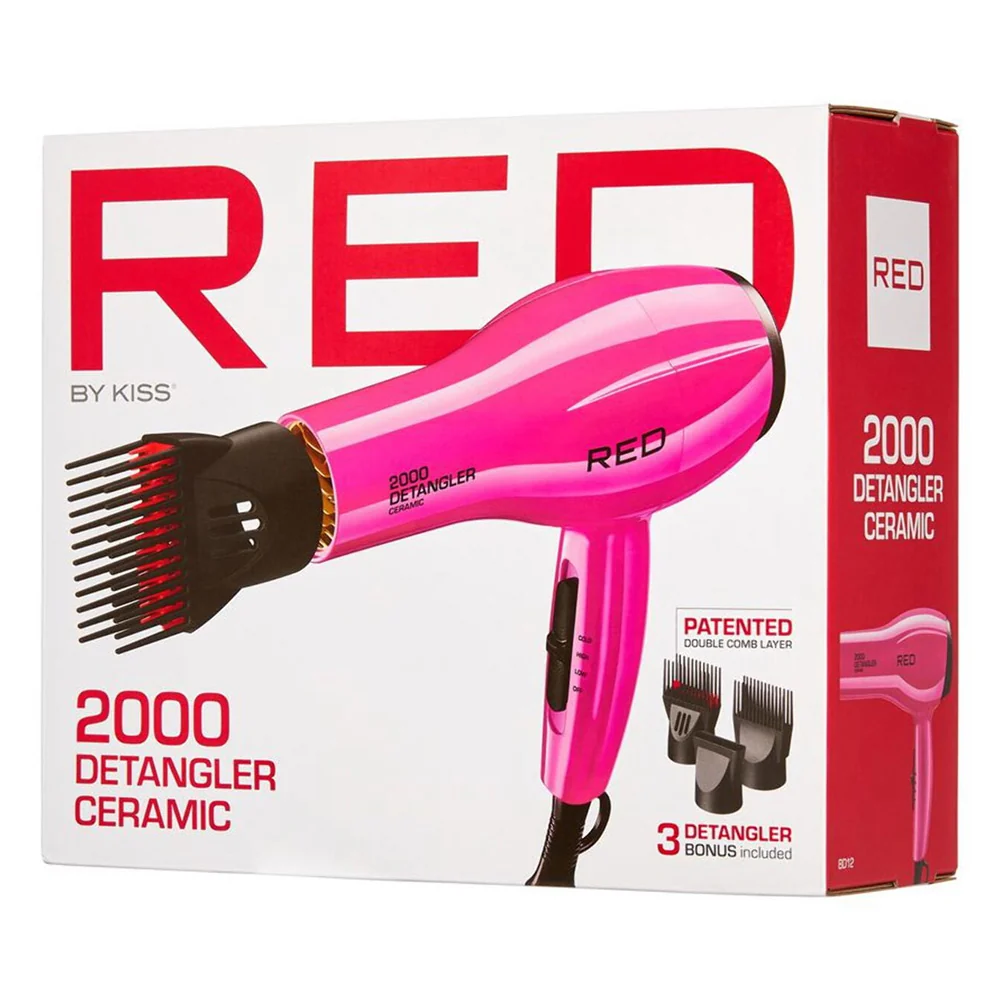 User-Friendly Kiss Red 2000W Detangler Hair Dryer Ceramic Pink with 3 Attachments Fast Drying and Frizz Control 1Ea Premium