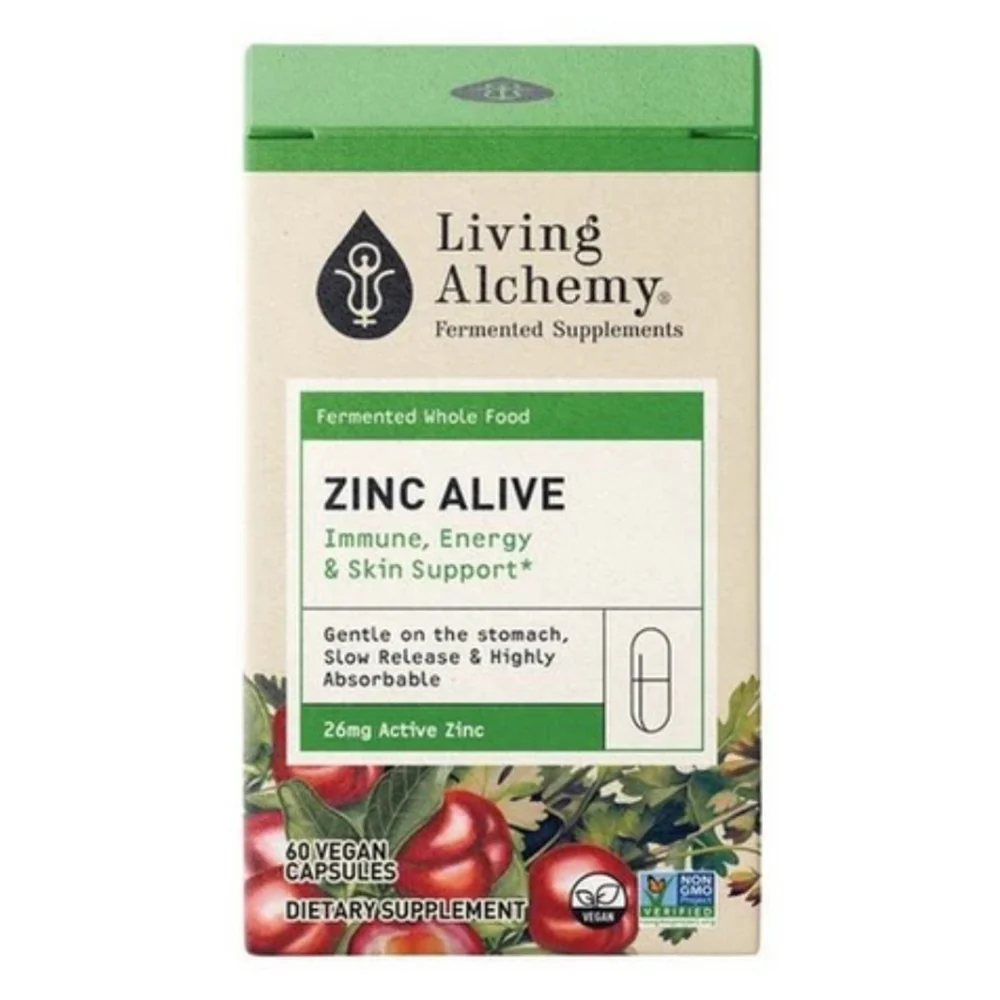 Carefully Designed Living Alchemy Zinc Alive Immune Energy and Skin Support 26 mg Vegan Capsules 60Ea Recyclable
