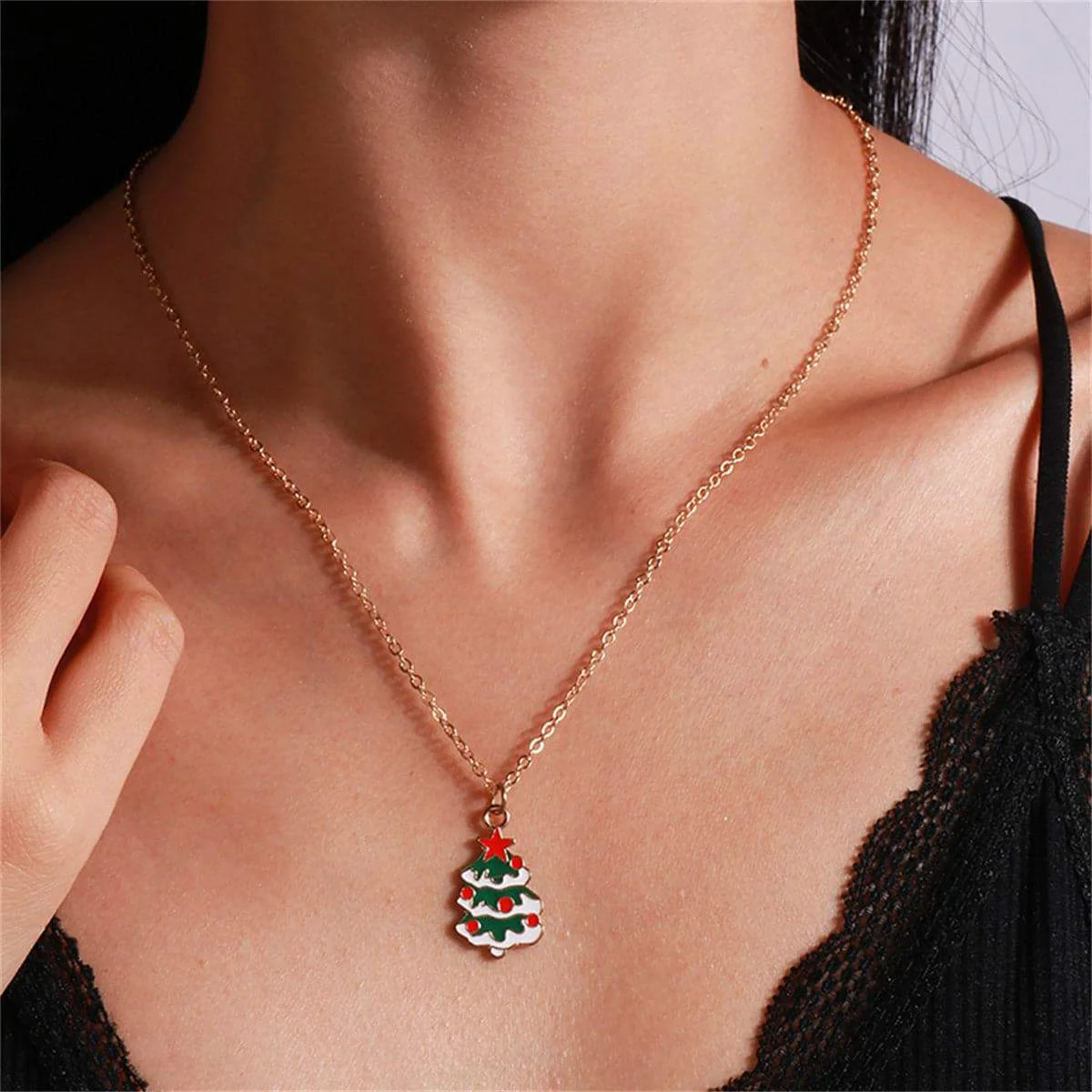 Artisan Red White Christmas Tree Pendant Necklace Flexible