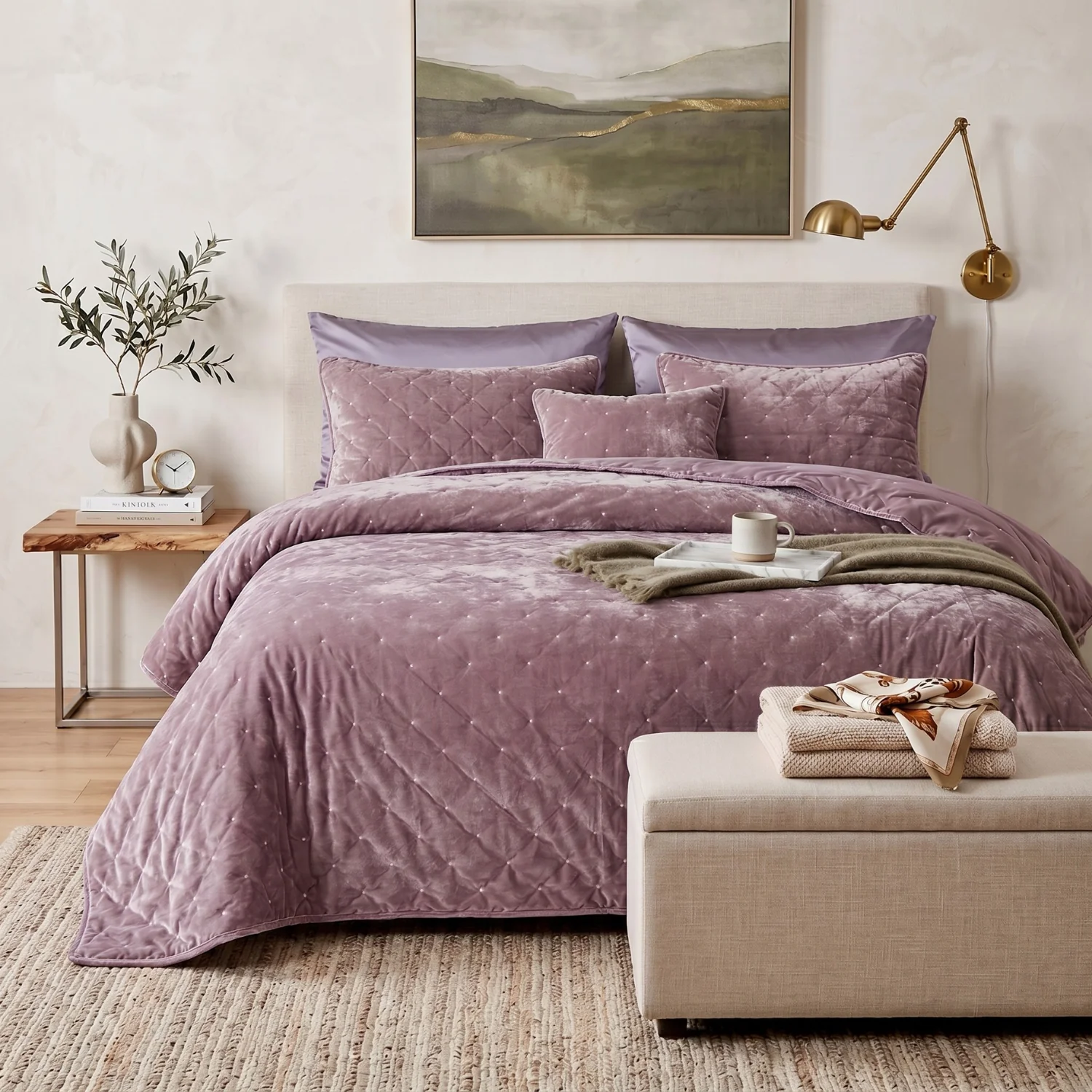 Premium Material Tache Plush Dreams Purple Mauve Tufted Velvet Quilt Set JHW-853P Detailed
