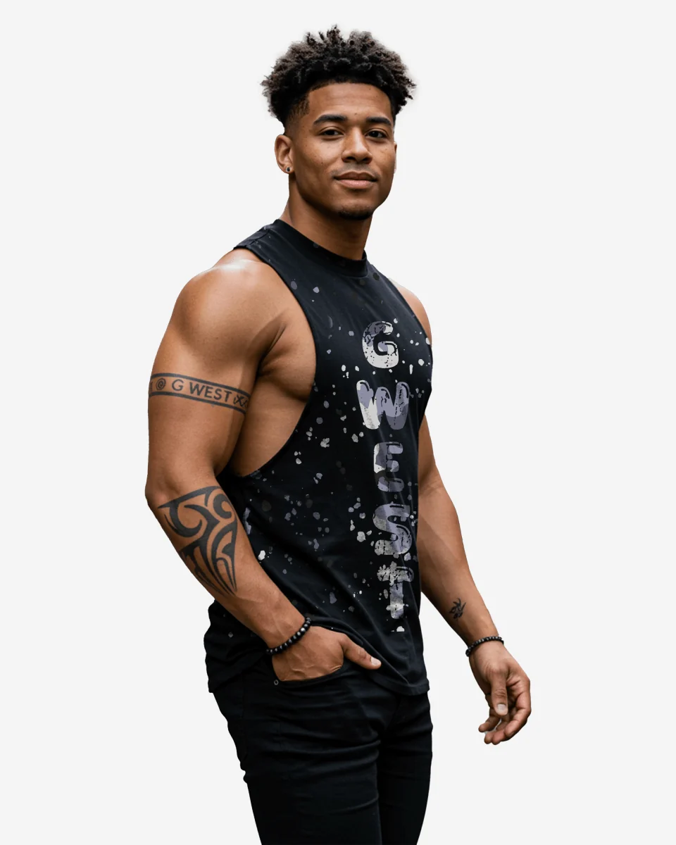 Unique G West Logo Army Grey Splattre Black Tanks Casual