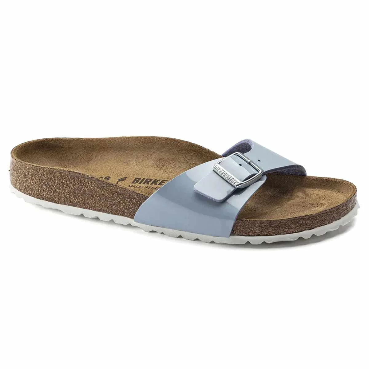 Excellent Birkenstock Madrid Birko-Flor Patent Dove Blue Sandals Genuine