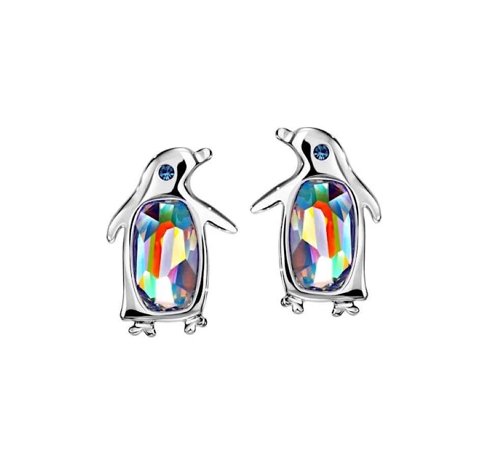 World-Class Silvertone Penguin Stud Earrings with Swaroki Crystals – Playful Winter Jewellery Efficient