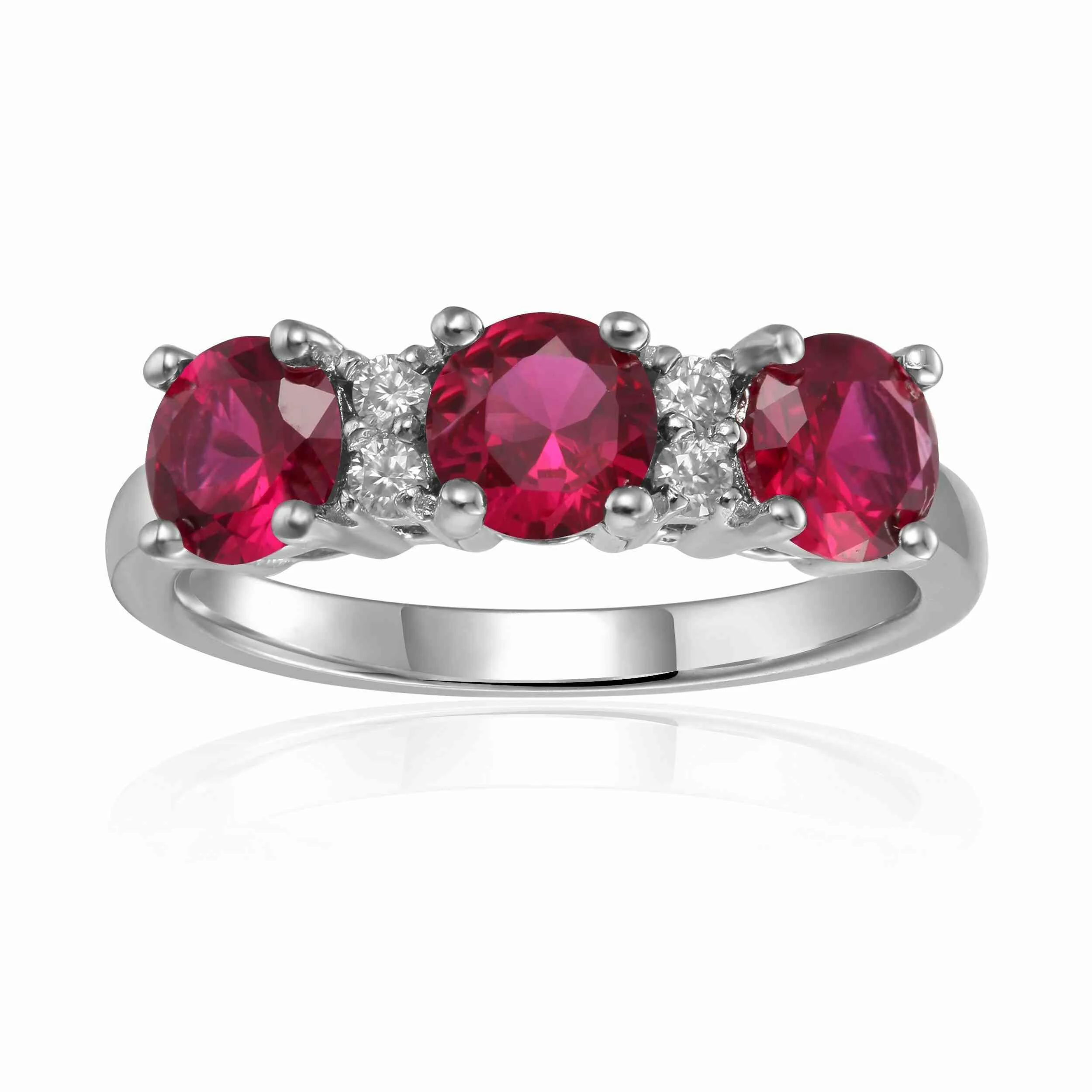 Artisan 1.7 Ct Round Red Lab Created Ruby Prong Silver Three Stone Ring Environmentally Friendly