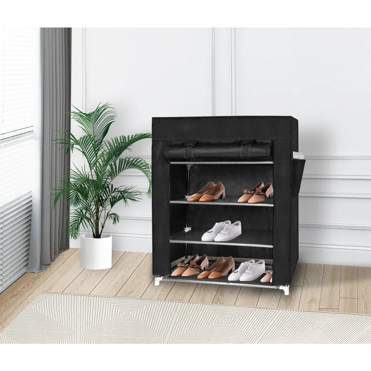 Detailed 4 Tier Shoe Rack with Side Pocket Holds 24 Shoes Superior
