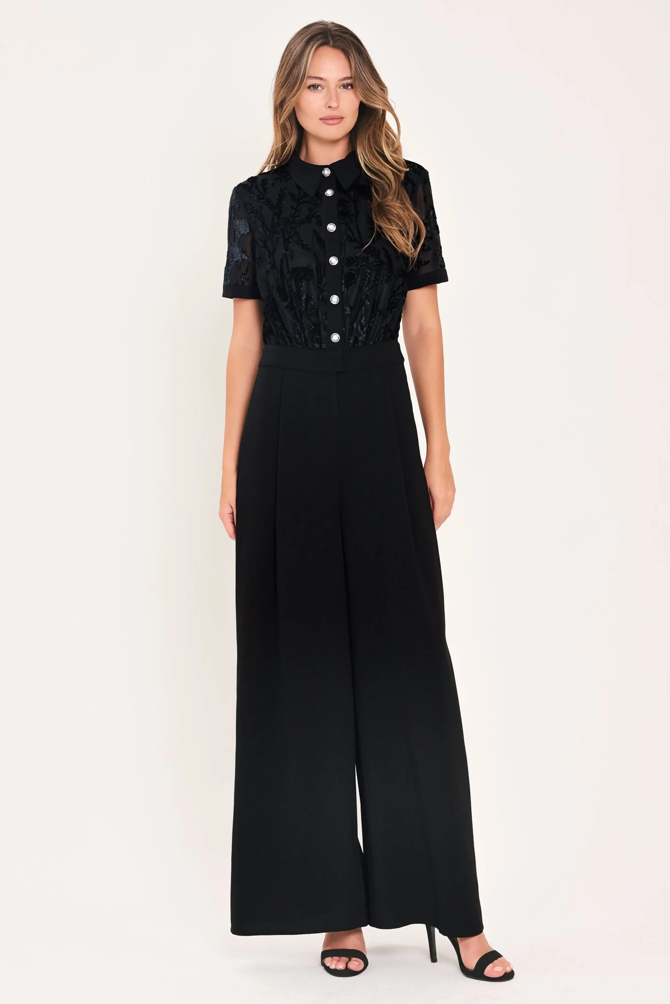 High-End After Dark Black Burnout Velvet Wide-leg Jumpsuit Exclusive