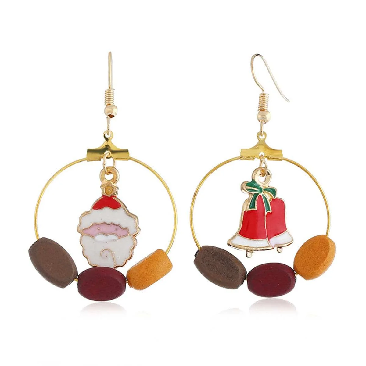 Advanced Wood Goldtone Santa Claus Bell Drop Earrings Modern