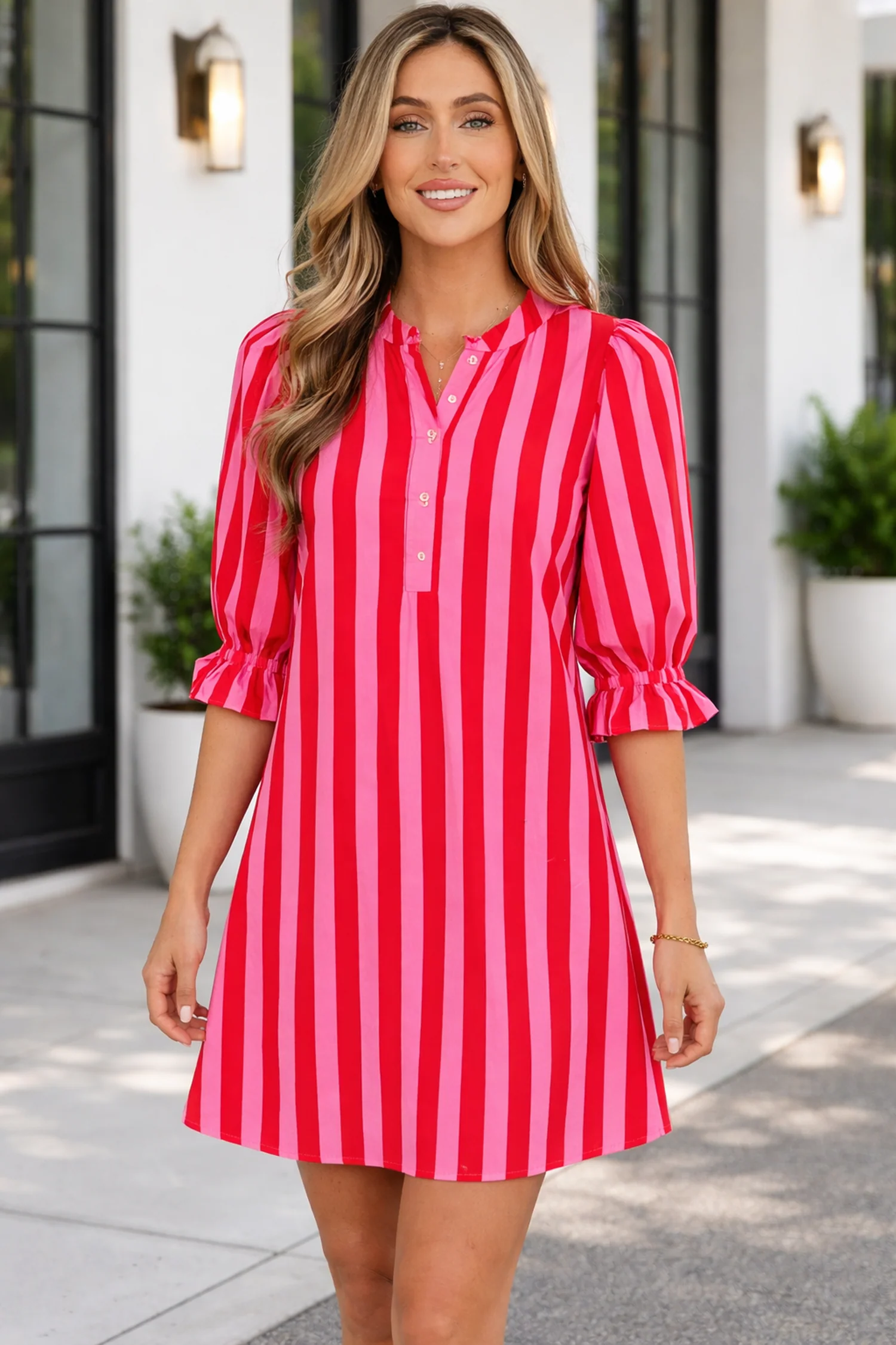 Effective Threaded Pear Rosemary Sleeve Loose Mini Dress Solid