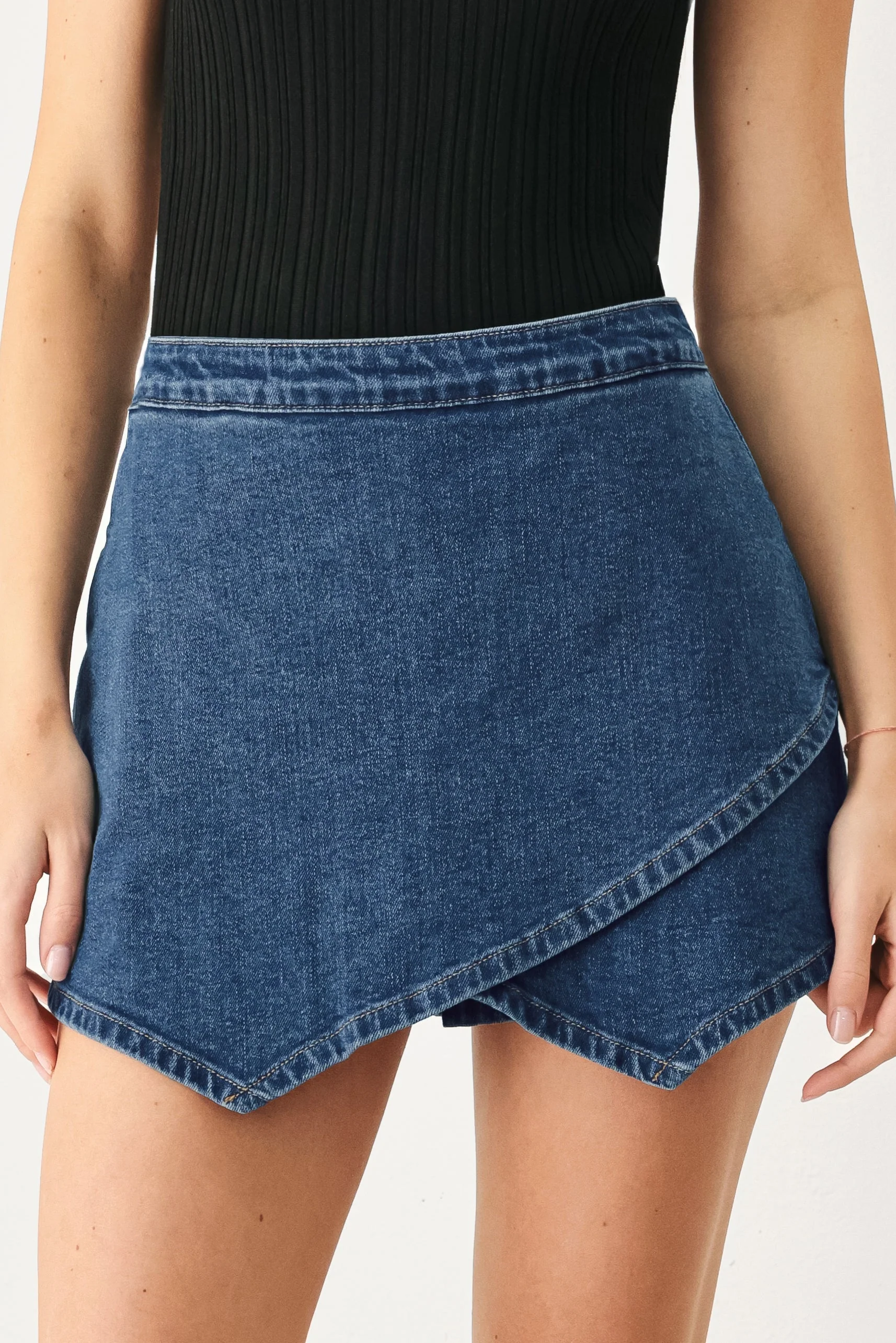 Enhanced Asymmetric Denim Skort Detailed