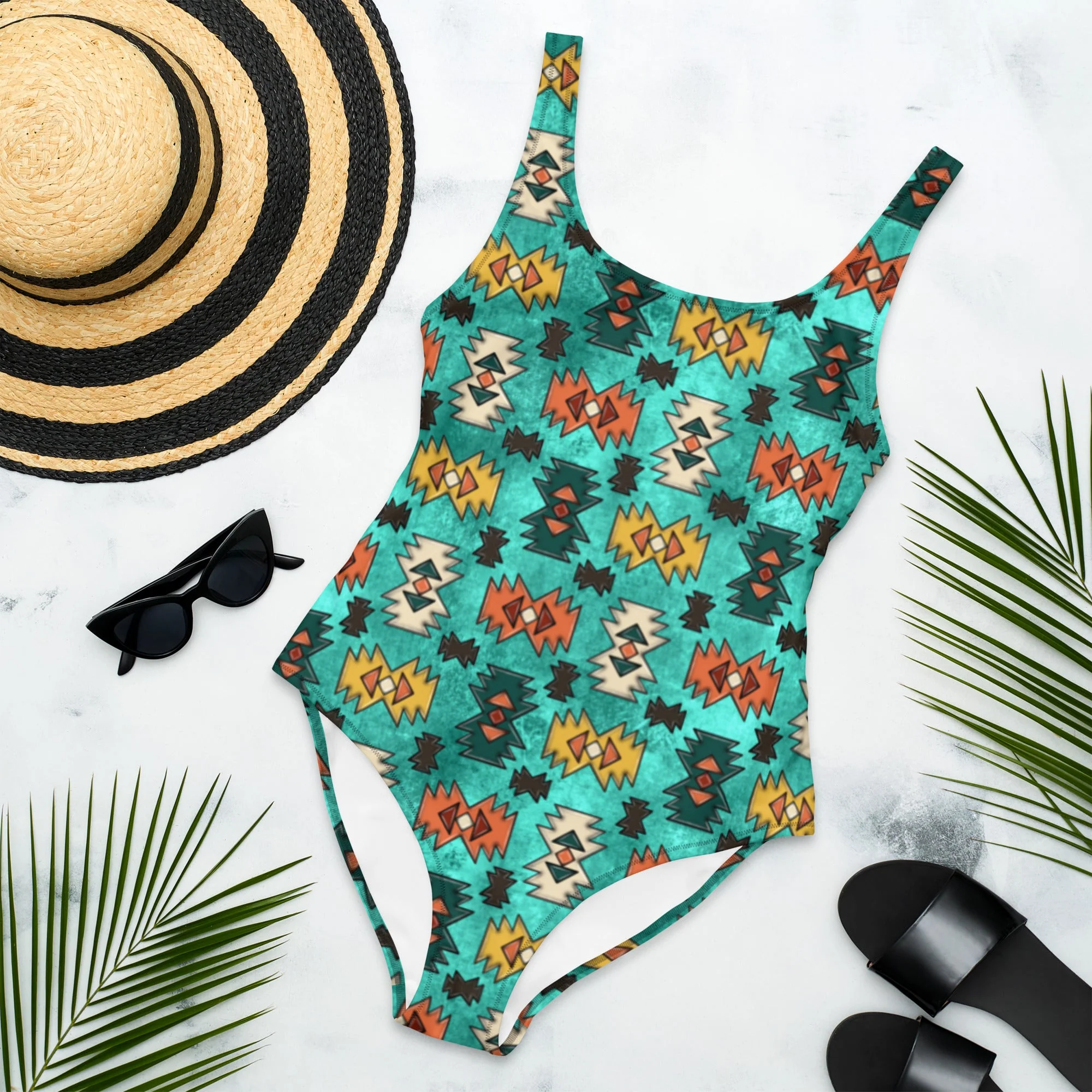 Eco-Friendly Baha Ranch Yeehaw Turquoise Aztec One-Piece Swimsuit Practical