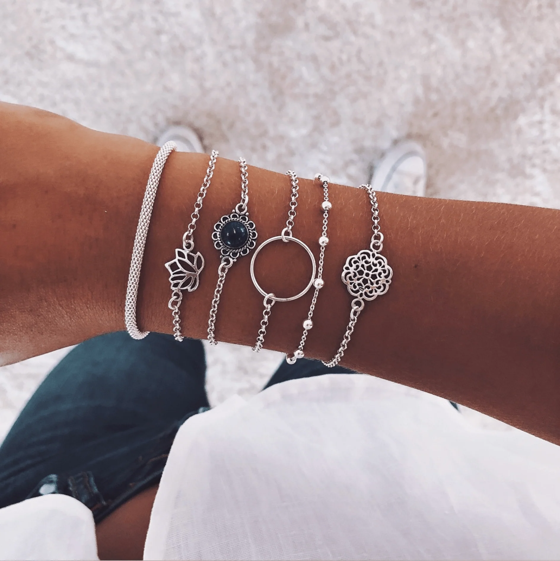 Authentic Silvertone Lotus Mandala Bracelet Set Outstanding