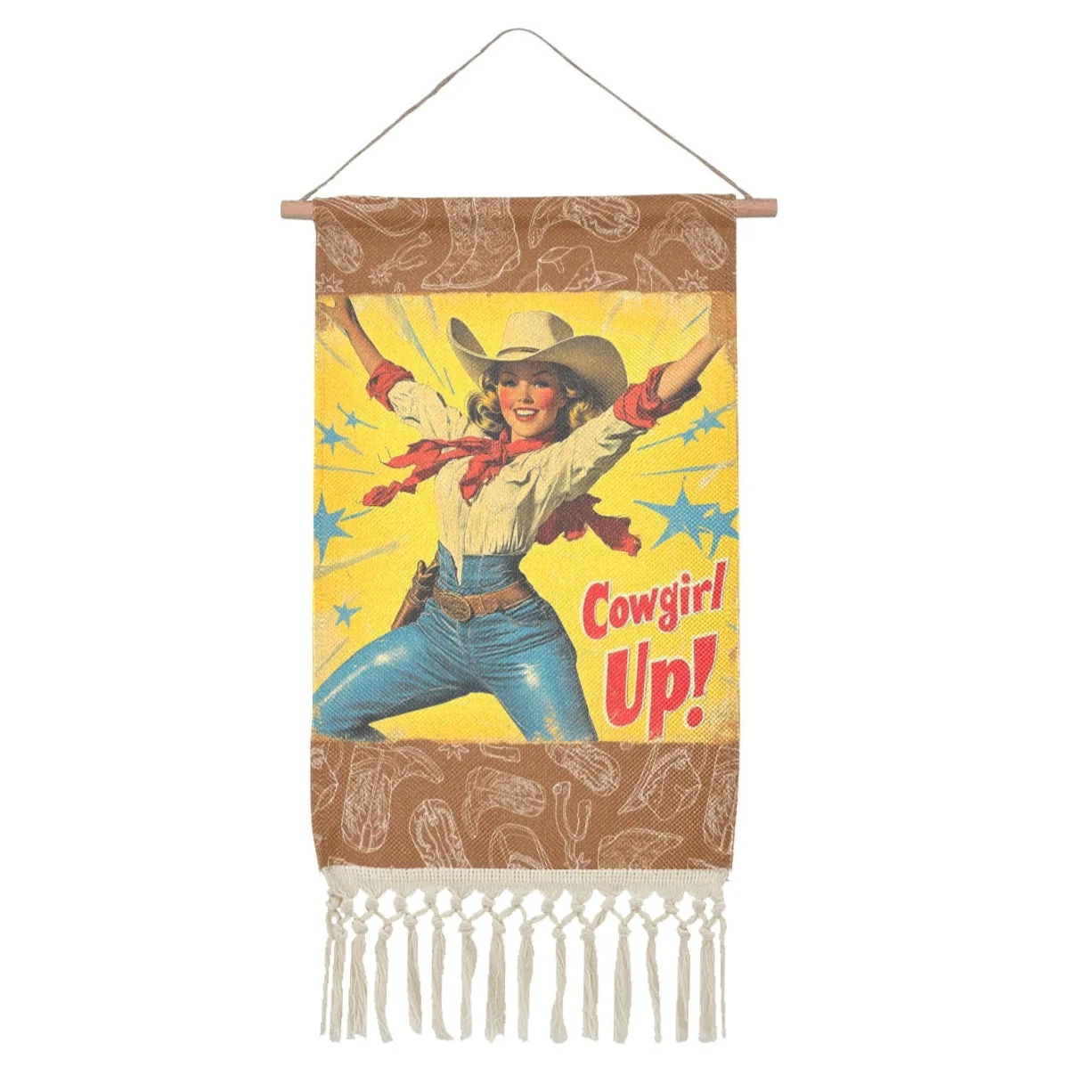 Contemporary Cowgirl Up Vintage Western Wall Decor Linen Hanging Poster with Fringe Made in America Pure