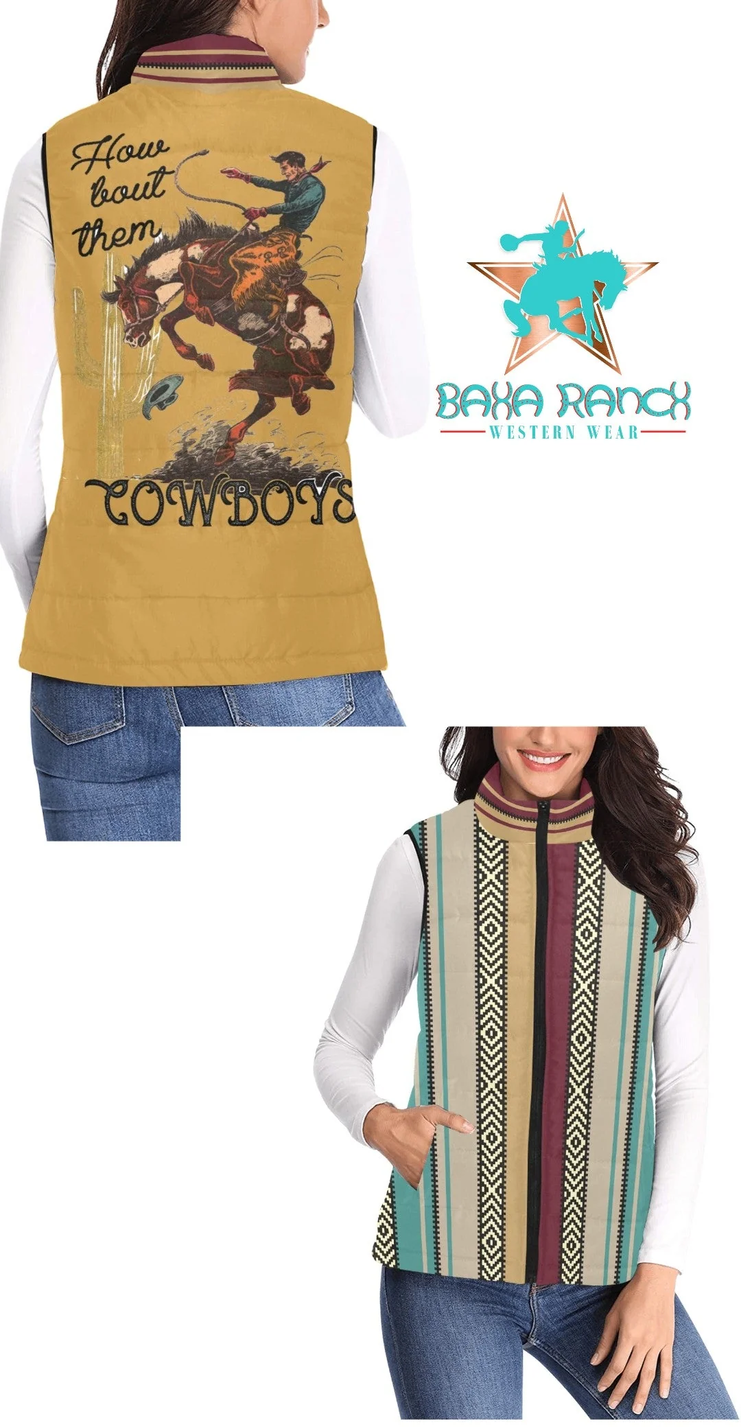 Green Baha Ranch How Bout Them Cowboys Serape Women's Western Puffy Vest High-Quality