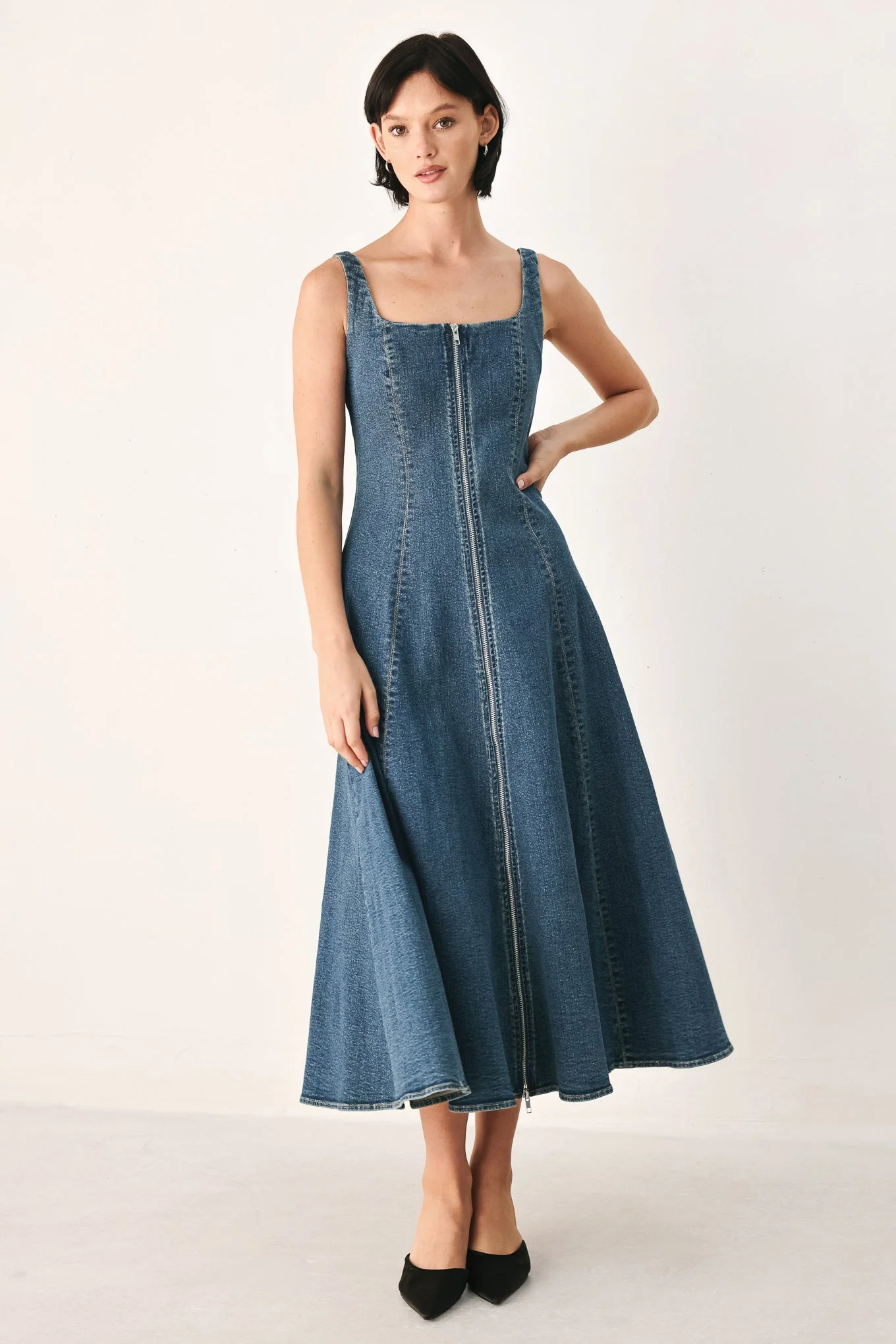 Top-Quality Blue Horizon Zip Front Denim Midi Dress Lightweight