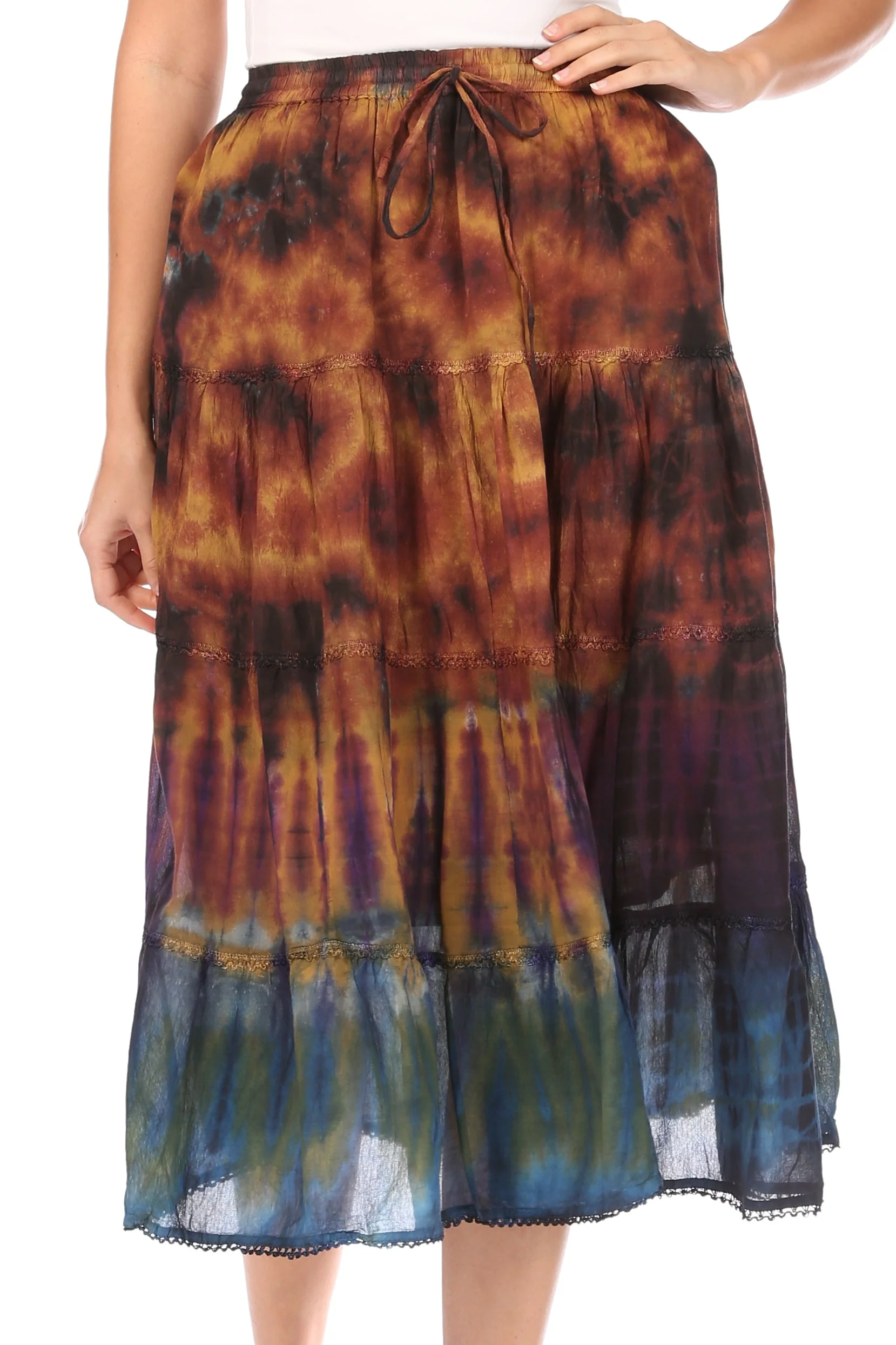 Casual Sakkas Antonia Women's Skirt Tie Dye Boho Elastic Waist Adjustable Embroidery Solid