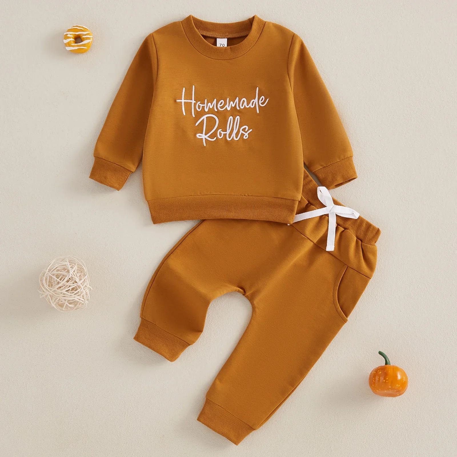 Detailed Baby Toddler Girl Boy 2Pcs Homemade Rolls Fall Thanksgiving Outfit Letter Embroidery Long Sleeve Top with Solid Pants Jogger SetSPECIFICATIONS Quality