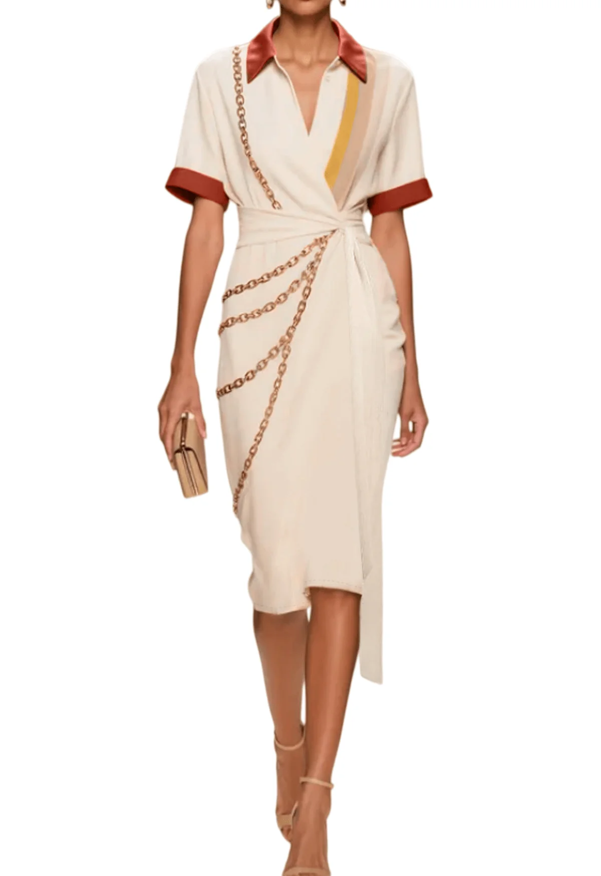 Advanced Chic YC Women's Chain Print Wrap Midi Dress Short Sleeve Summer Elegant Work Dress Secure