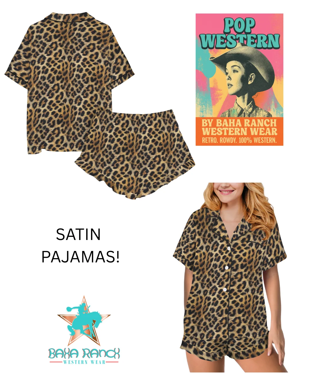Elite Baha Ranch Retro Pop Western Wild Leopard Satin Pajamas Organic