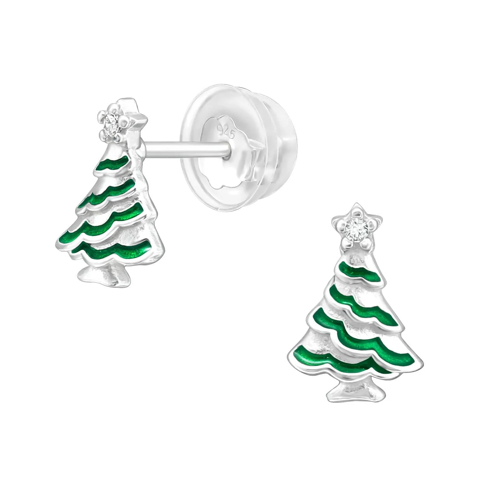 Advanced Ag Sterling Green Squiggled Christmas Tree CZ Dainty Stud Earrings Detailed