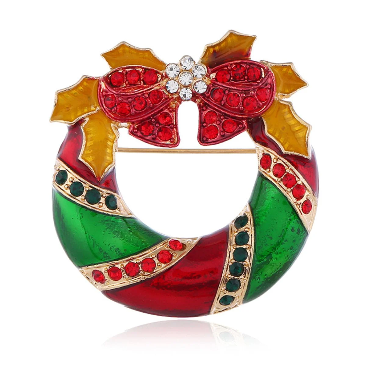 Comfortable Red Cubic Zirconia Enamel Goldtone Christmas Bow Wreath Brooch Relaxed