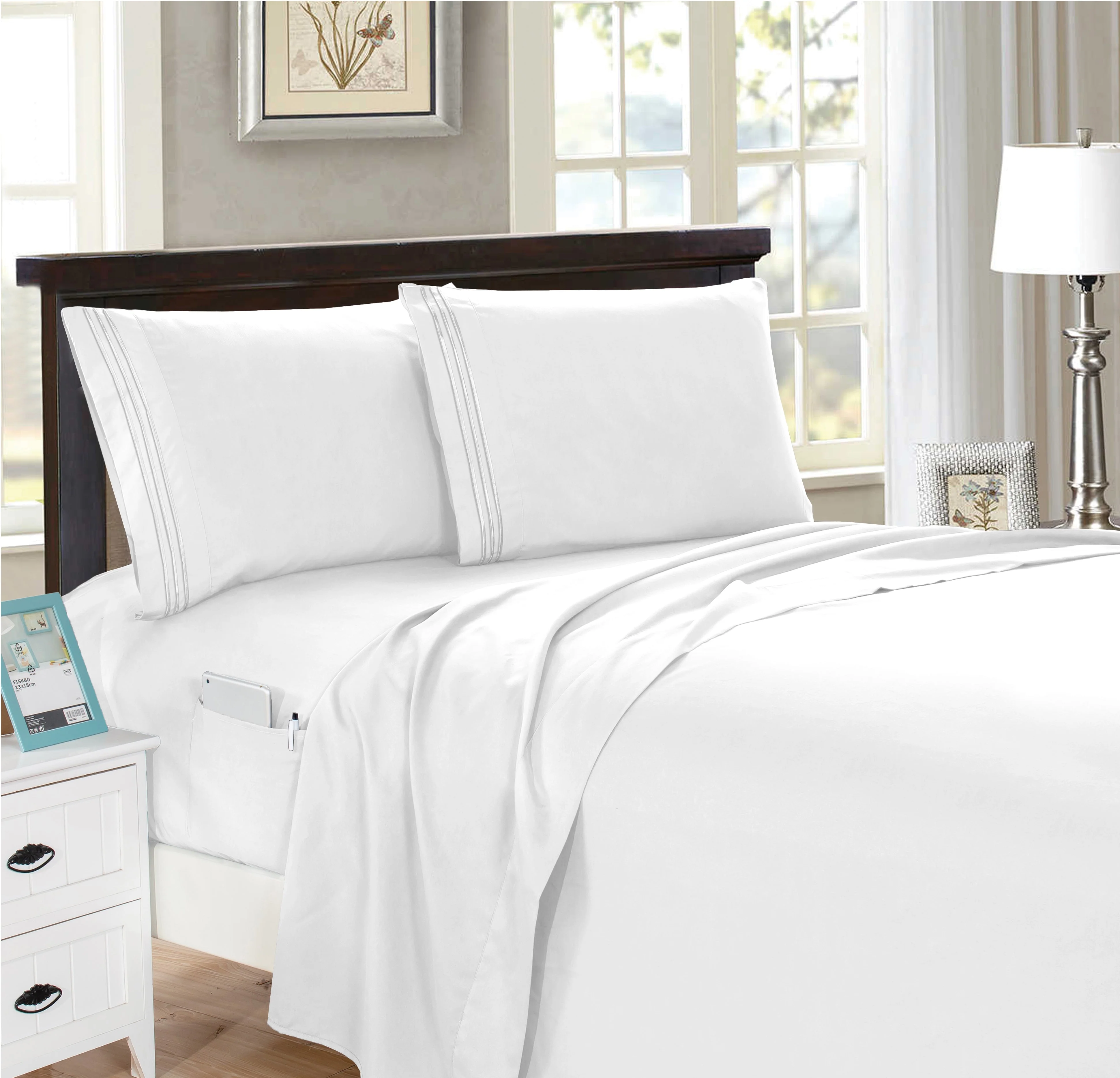 Durable Mocassi 4-Piece Smart Pocket Sheet Set - Features Double Sided Storage Pockets on Fitted Sheet Fashionable