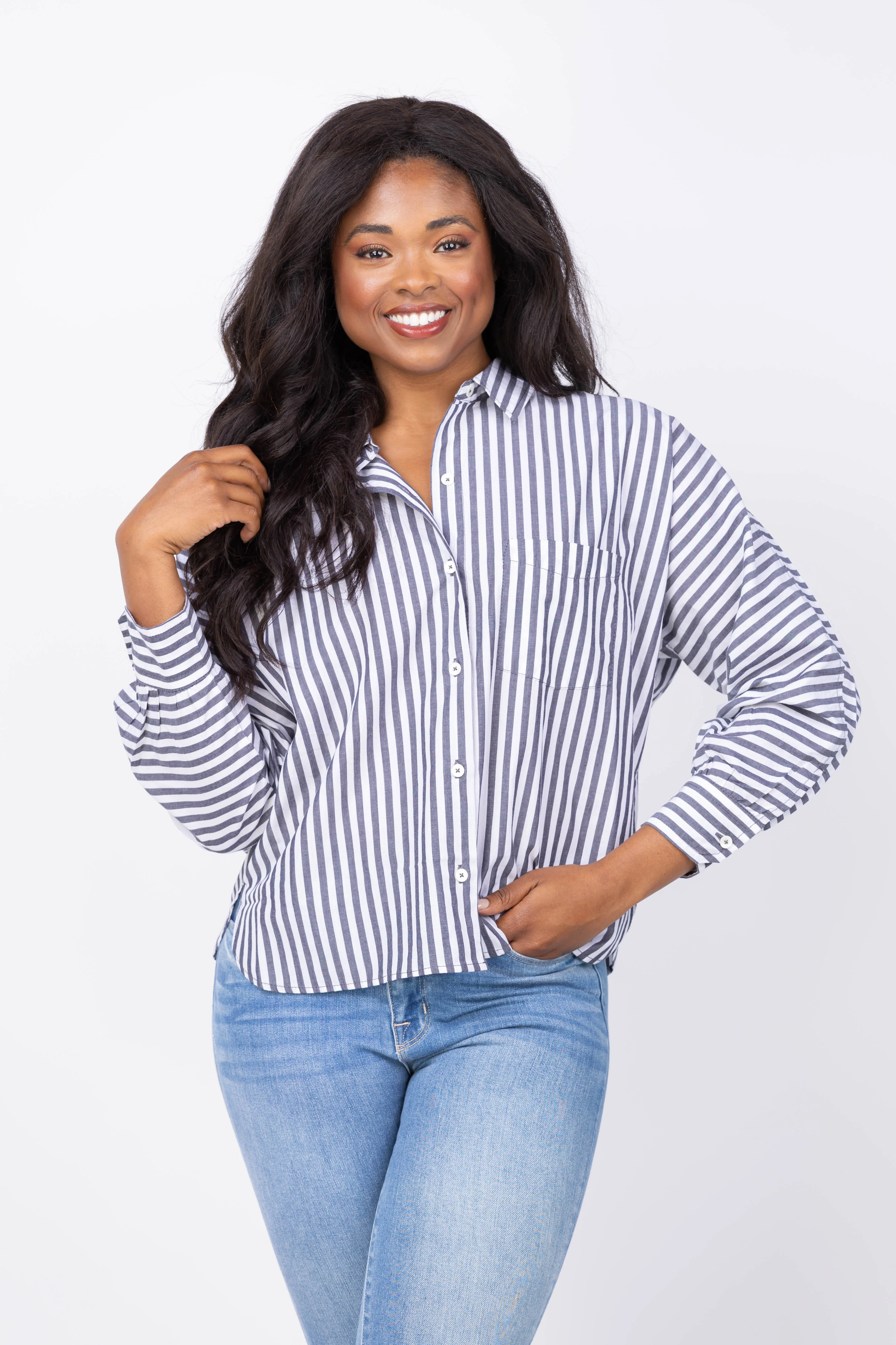User-Friendly Lilla P Dolman Sleeve Button Down Shirt in Navy White Stripe Stylish