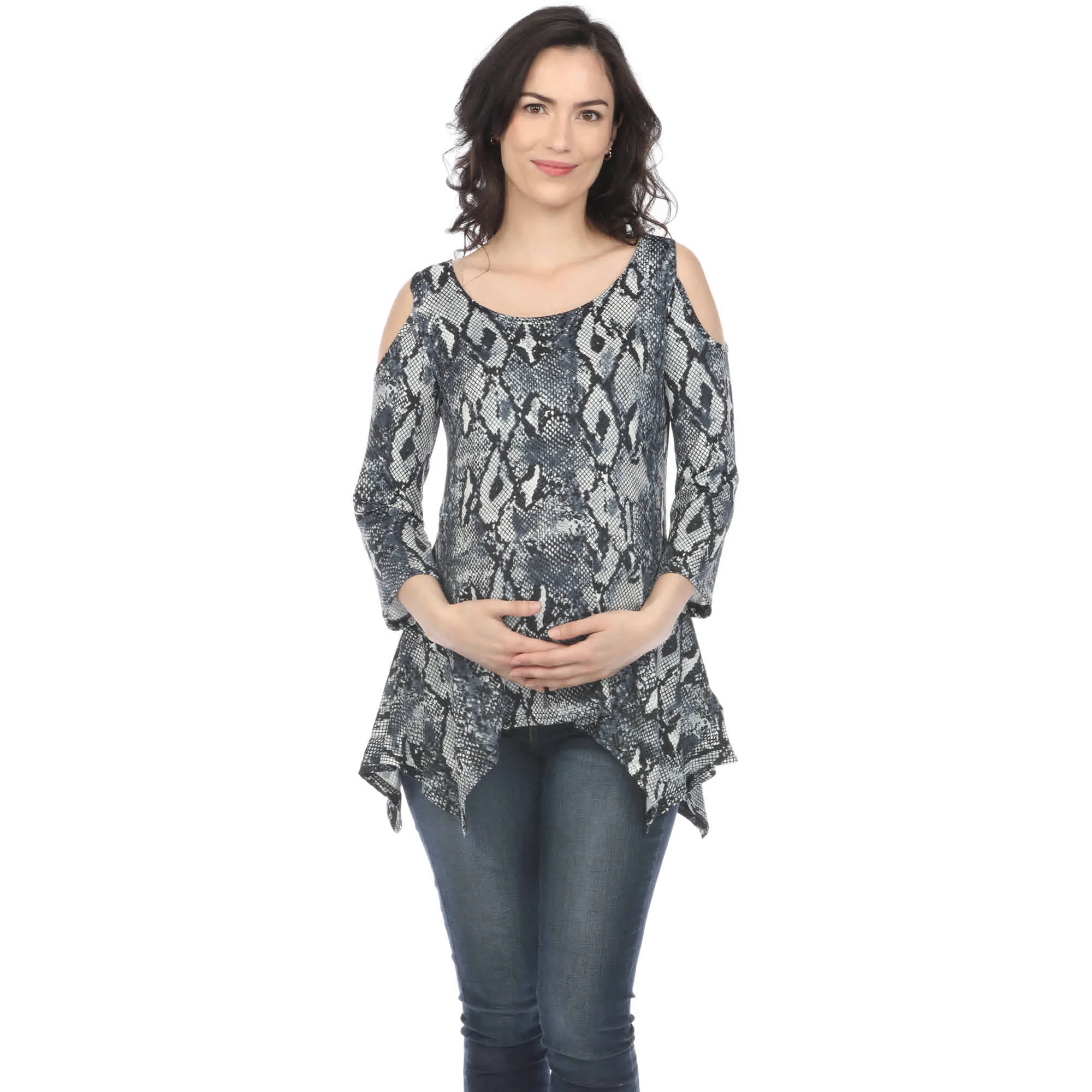 Original Design White Mark Maternity Snake Print Cold Shoulder Tunic Easy-to-Use