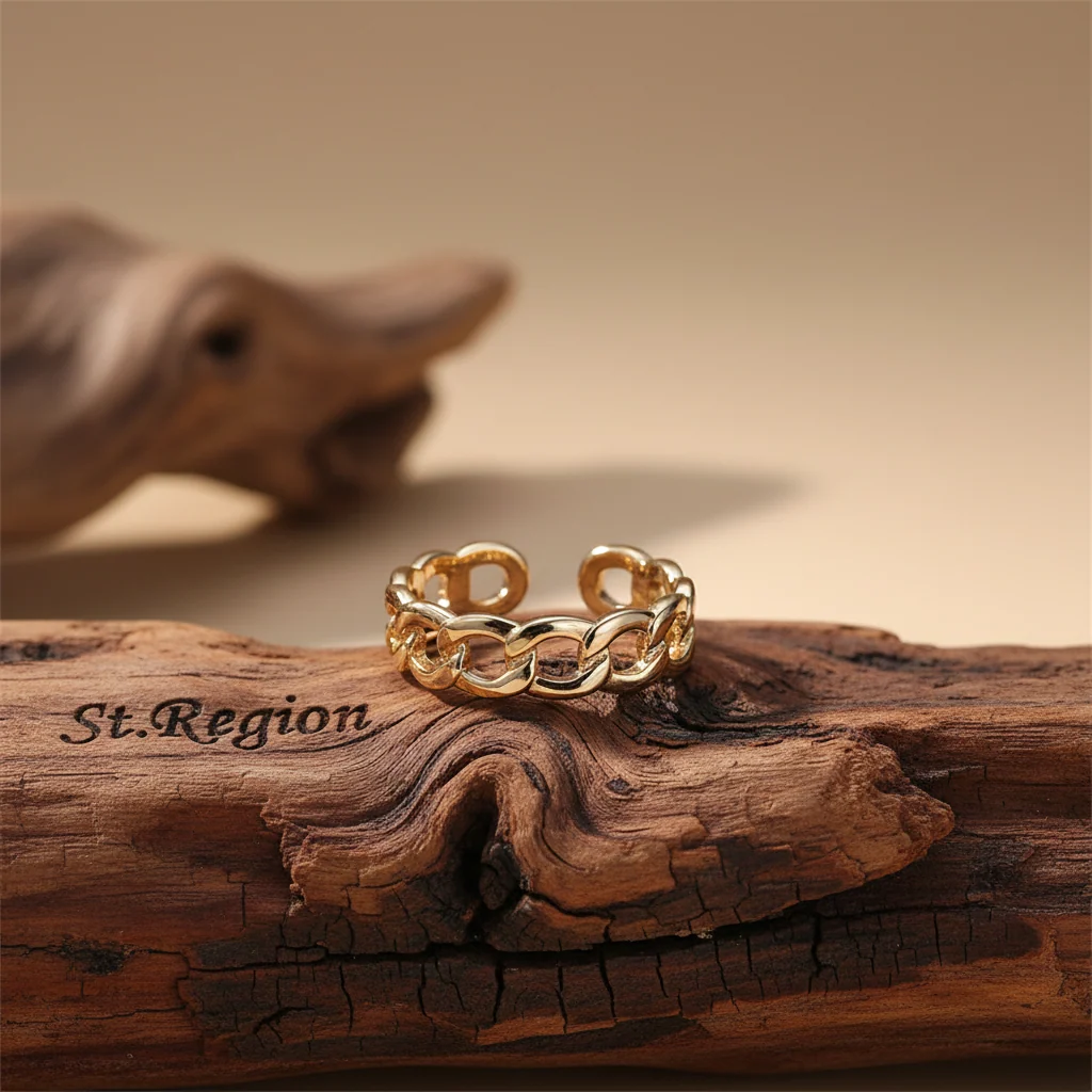 Natural Goldtone Curb Chain Adjustable Ring Convenient