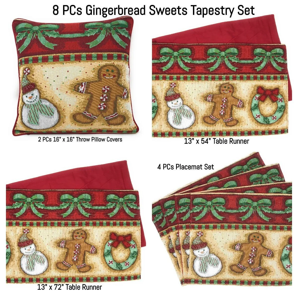 Minimalist DaDa Bedding Set of 8 Pieces Gingerbread Sweets Holiday Table Tapestry - 4 Placemats 2 Table Runners 2 Throw Pillow Covers 12917 World-Class