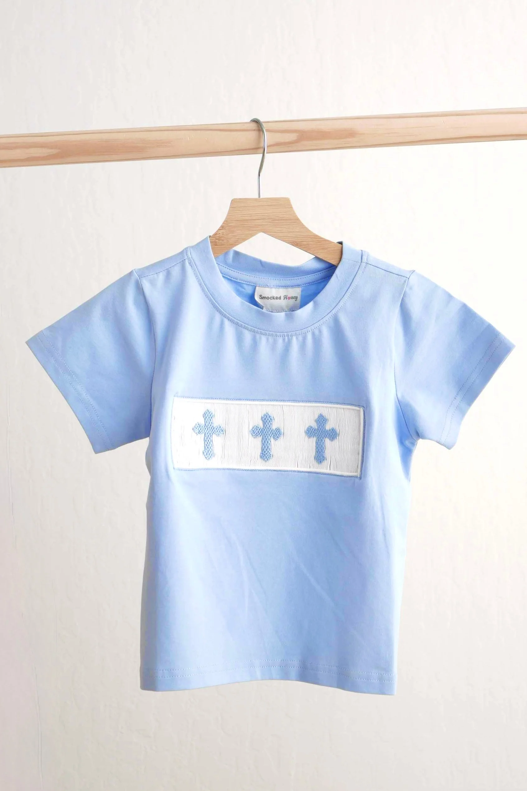 Crafted Blue easter cross hand-smokced boy top Minimalist
