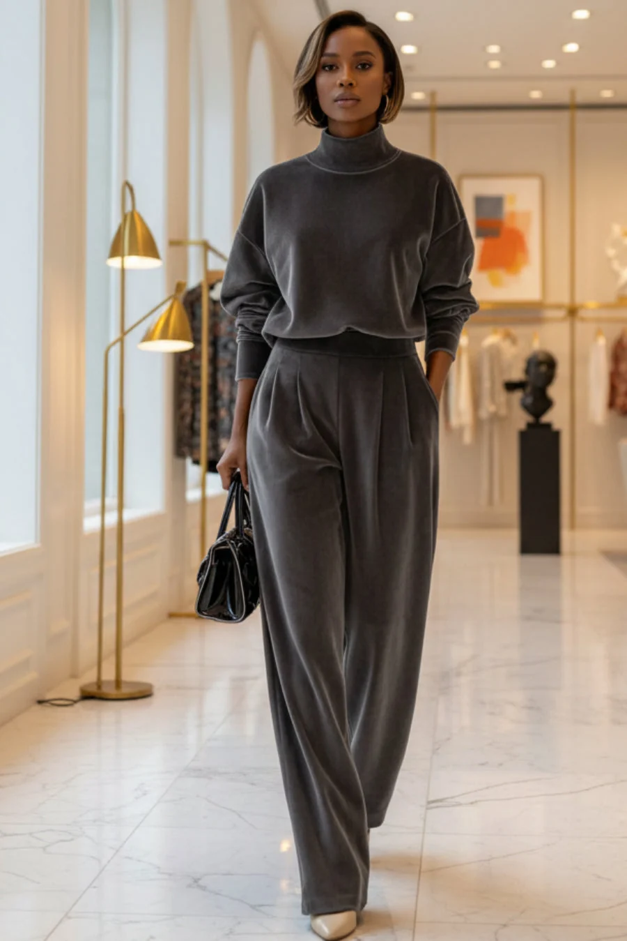 Smooth Women's Mock Turtleneck Balloon Sleeve Top Pleated Wide-Leg Trousers Set Artisan