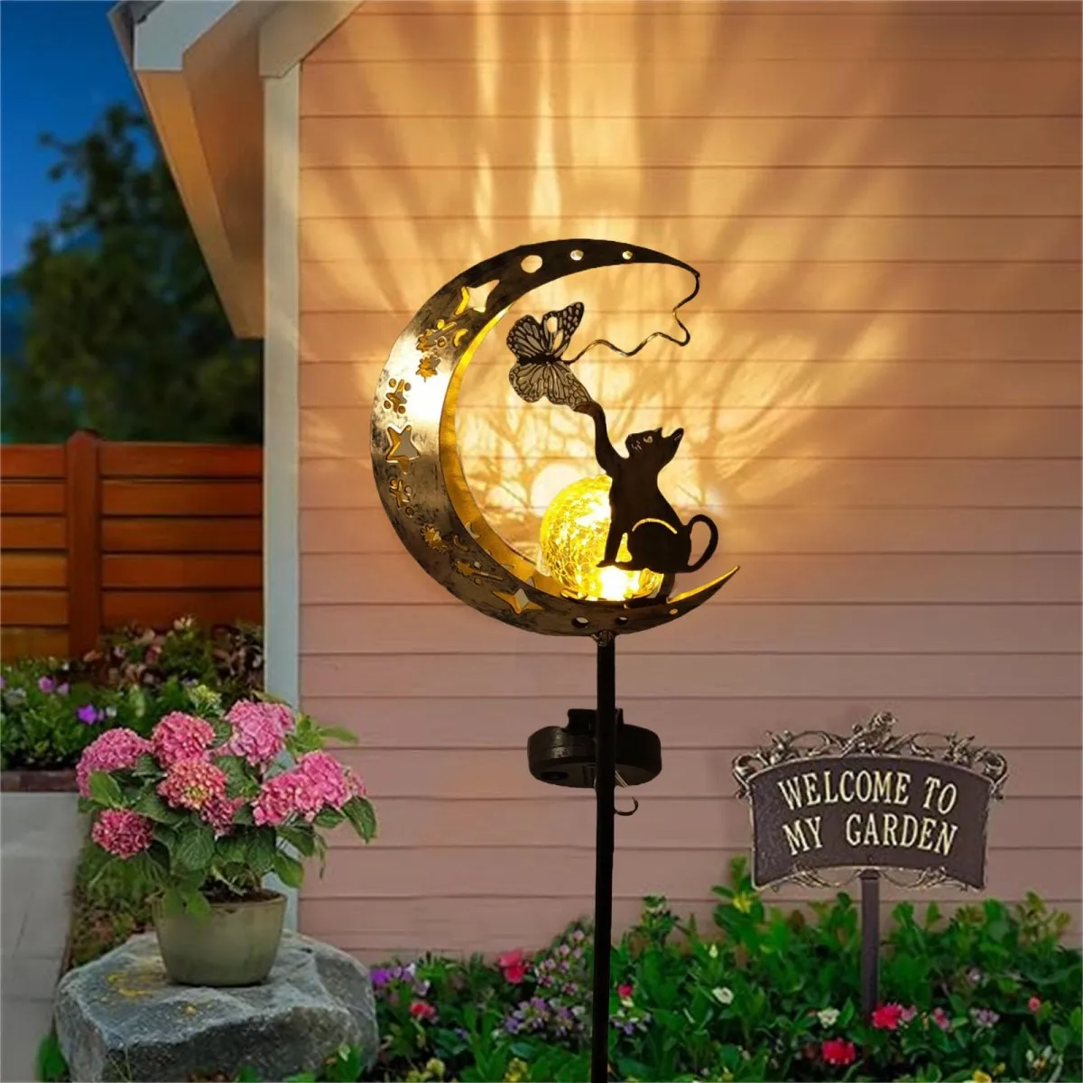 Traditional Moon Cat Butterfly Solar Garden Stake Light Fine