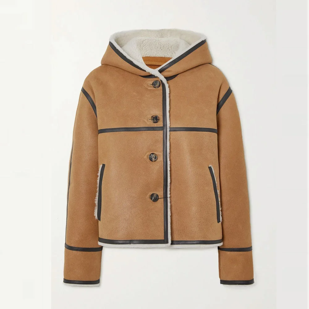 Original Women RAF B3 Hooded Leather-Trimmed Sheepskin Shearling Bomber Leather Jacket World-Class
