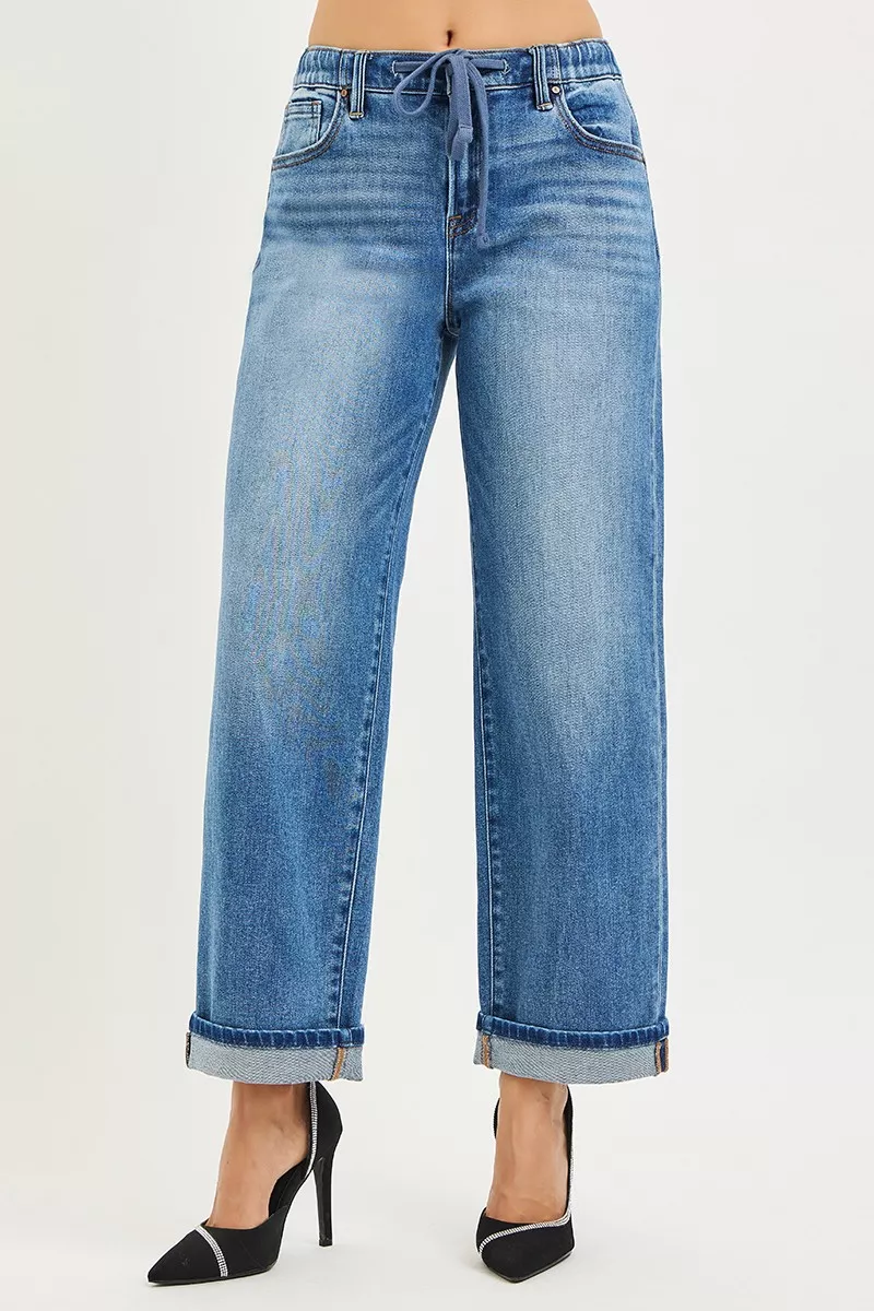 Breathable RISEN Elastic Band Slouch Ankle Boyfriend Cuffed Hem Jeans Sophisticated