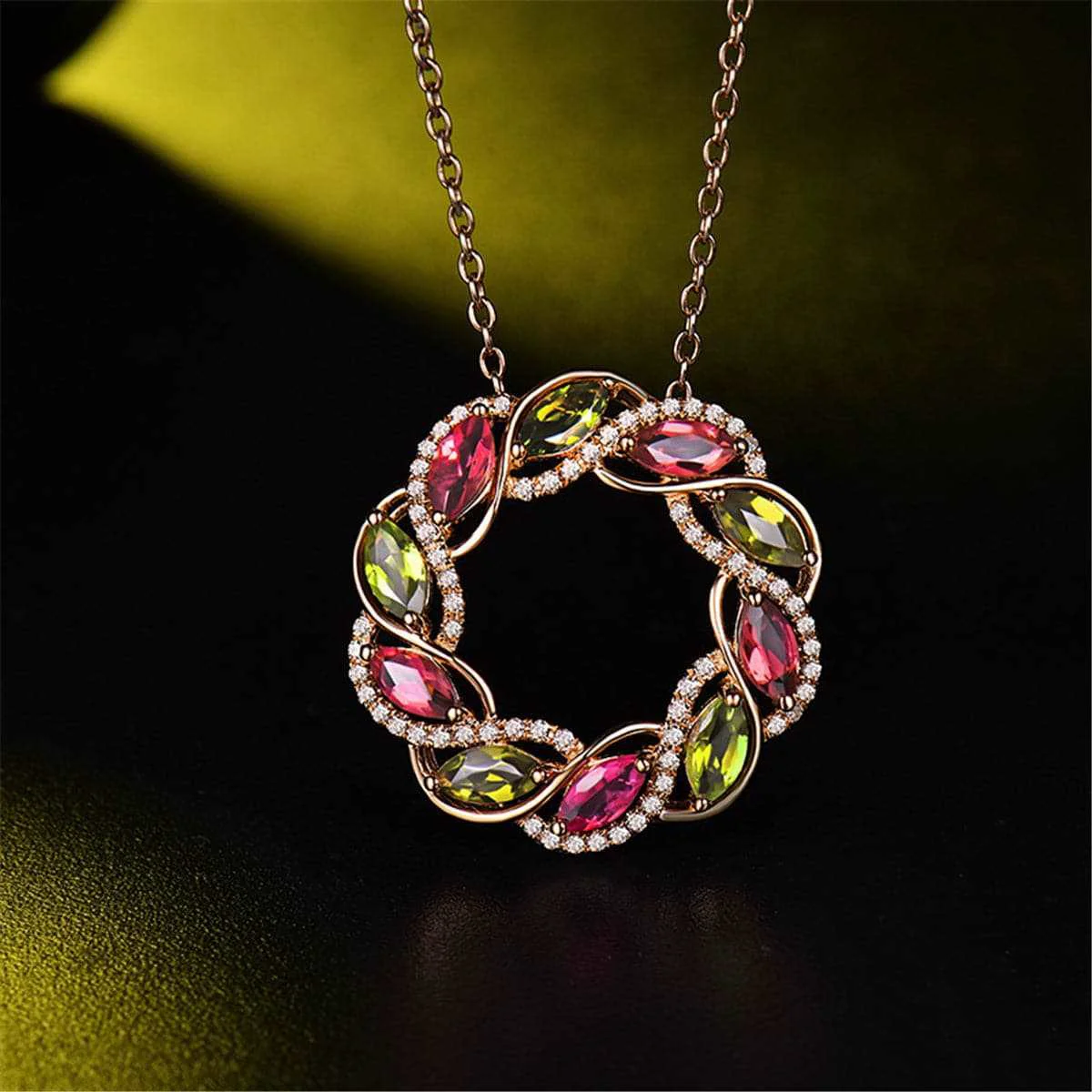 Artisan Cubic Zirconia Rose Goldtone Floral Circle Pendant Necklace Relaxed