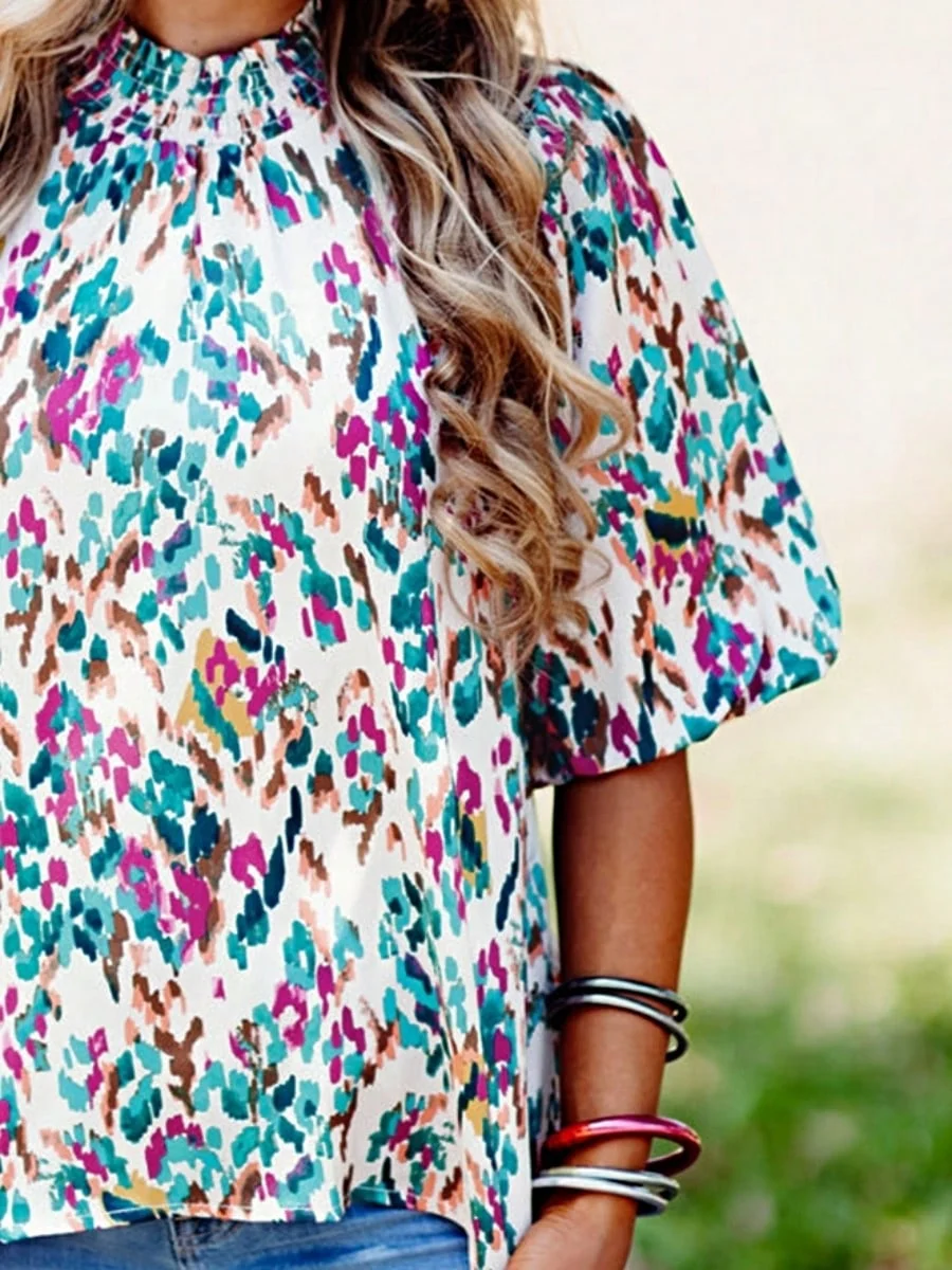 Fast Boho Retro Vintage 60's Vibe Rose Abstract Print Shirred Mock Button Neck Lantern Puff Bubble Sleeve Top Shirt Blouse Organic