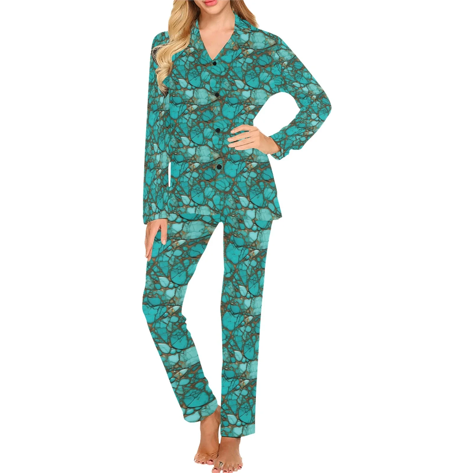 Exclusive All Turquoise Women's Long Pajama Set Modern