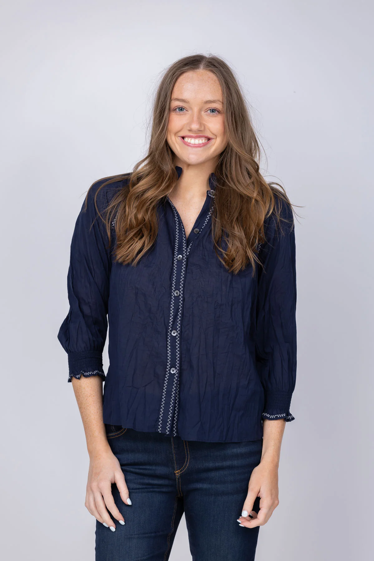 Carefully Designed NIC ZOE Zig Zag Stich Crinkle Shirt in Dark Indigo Lightweight