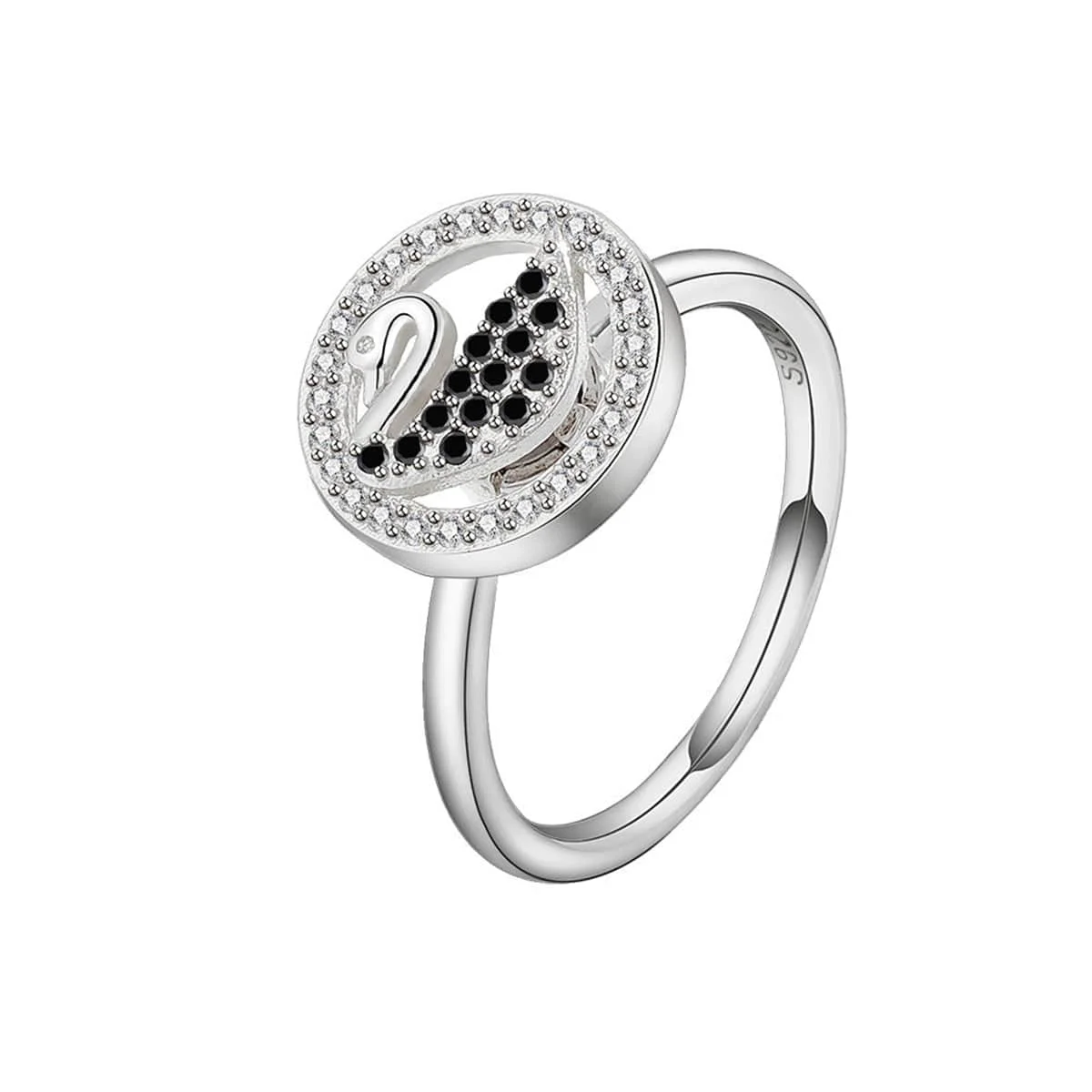 Trusted Black Cubic Zirconia Silvertone Swan Rotating Adjustable Ring Solid